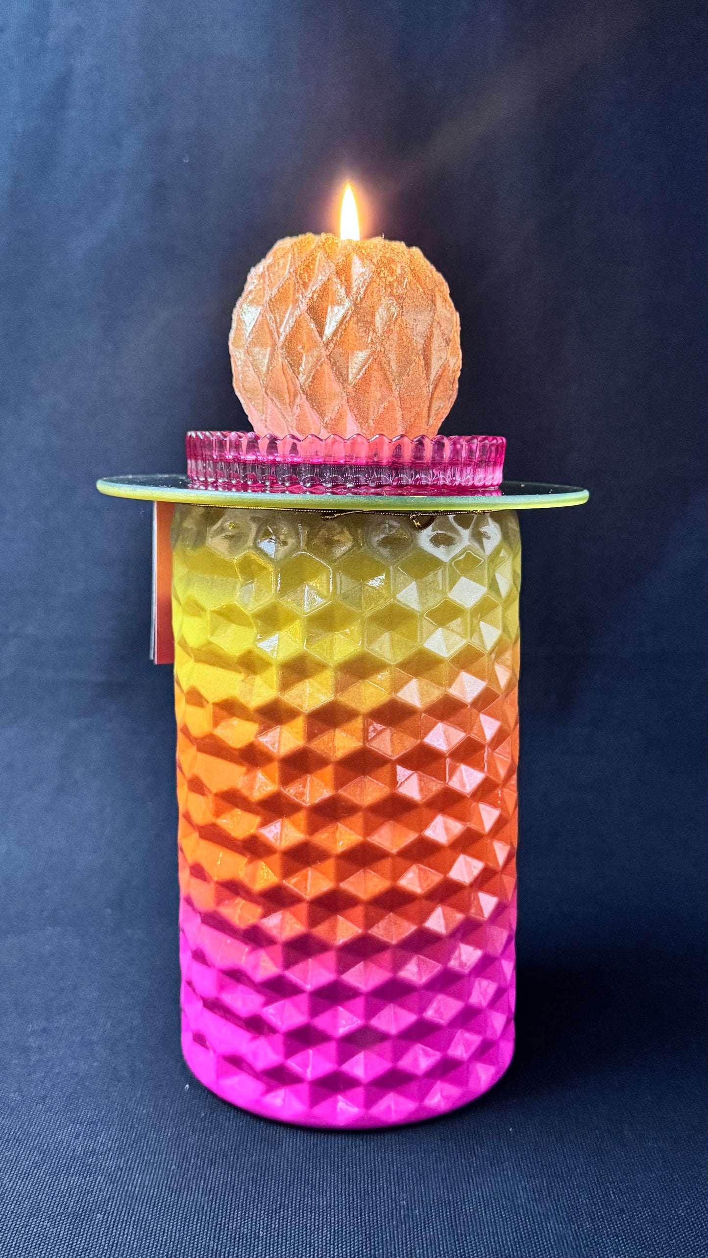 Vintage Diamantlampe med solnedgangfot og amber kuppel