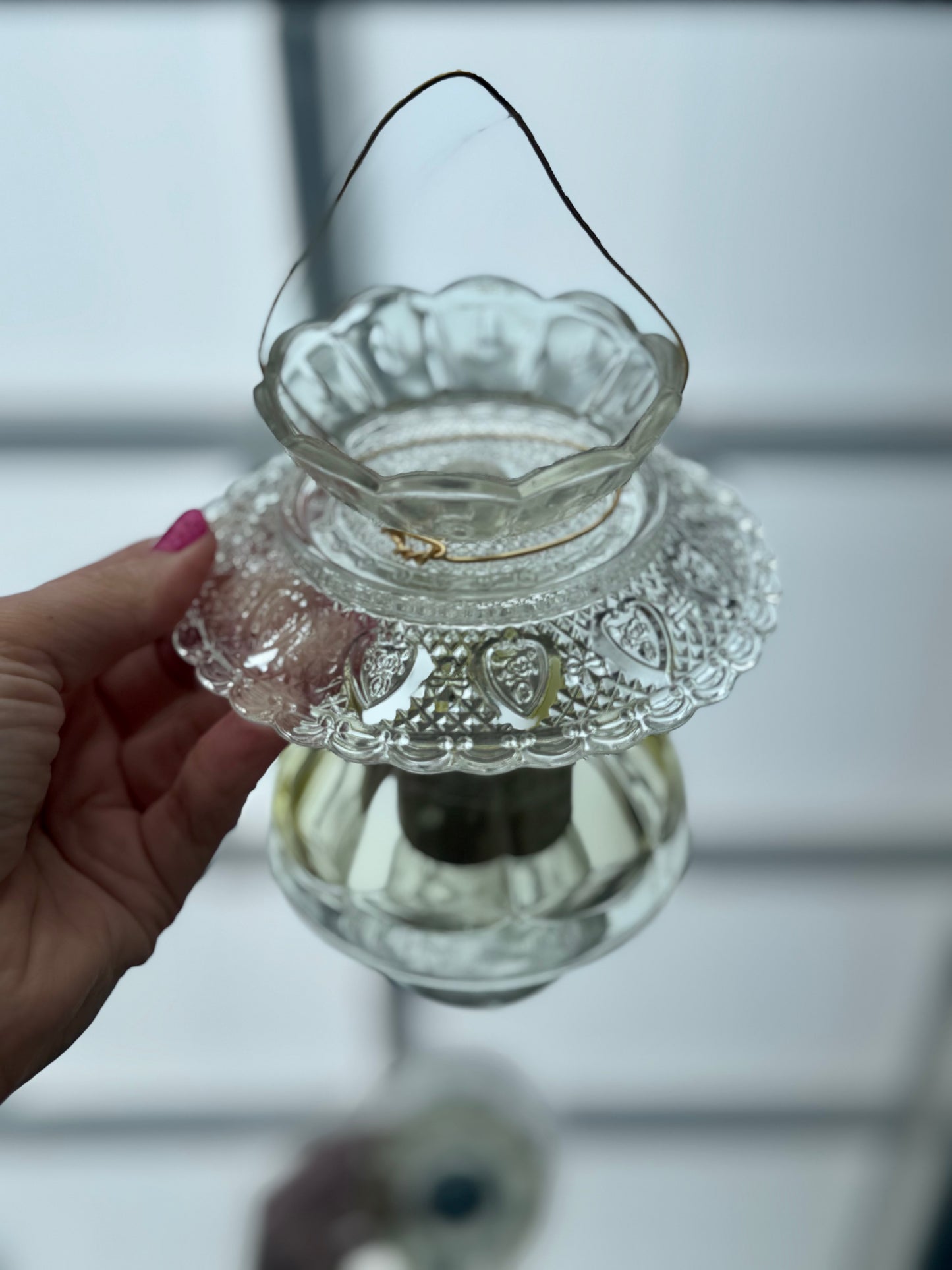 Vintage Solcellelampe hengelykt - lysegul og klart glass