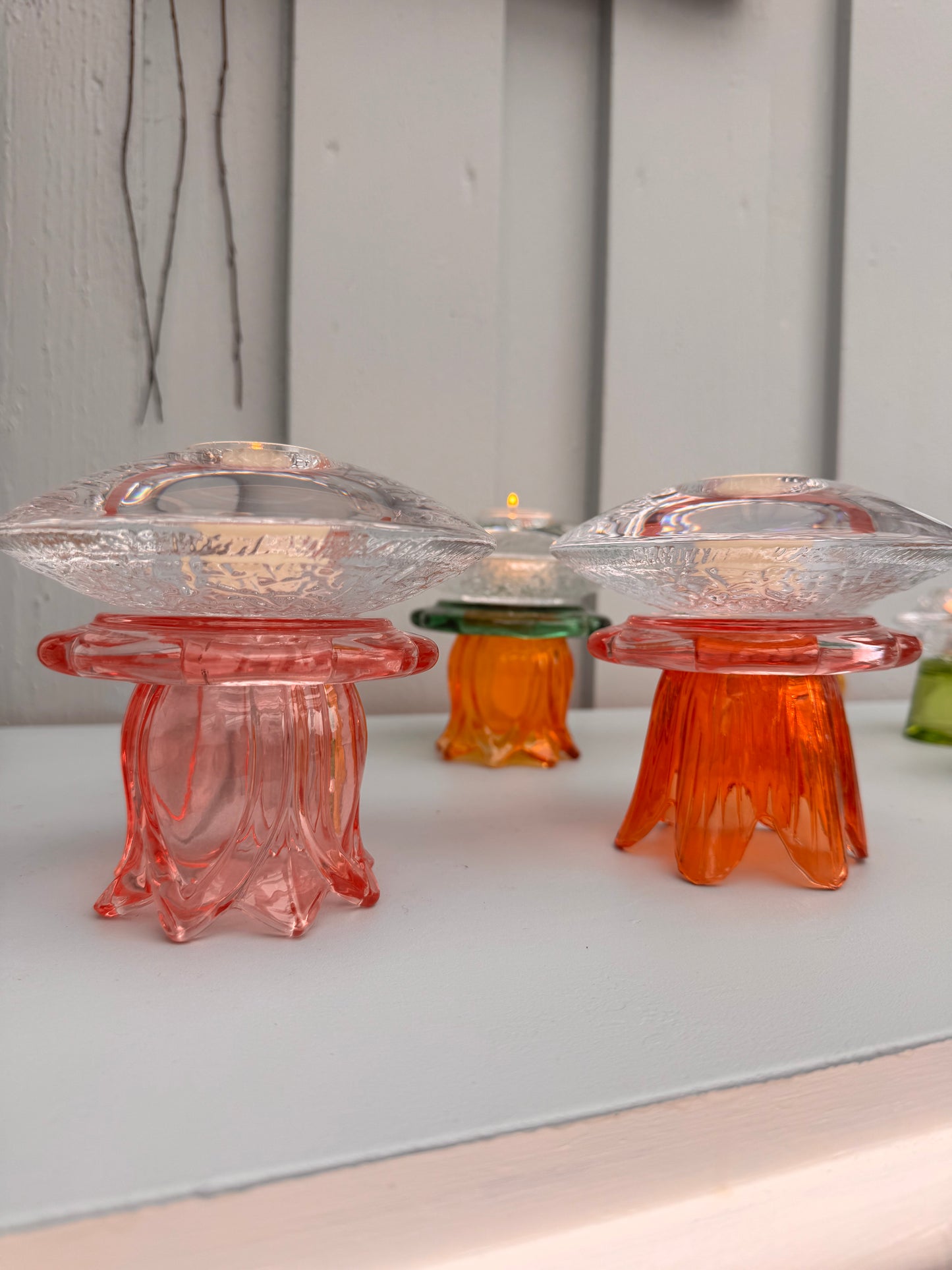 Vintage lysestake Orrefors krystall og med rosa