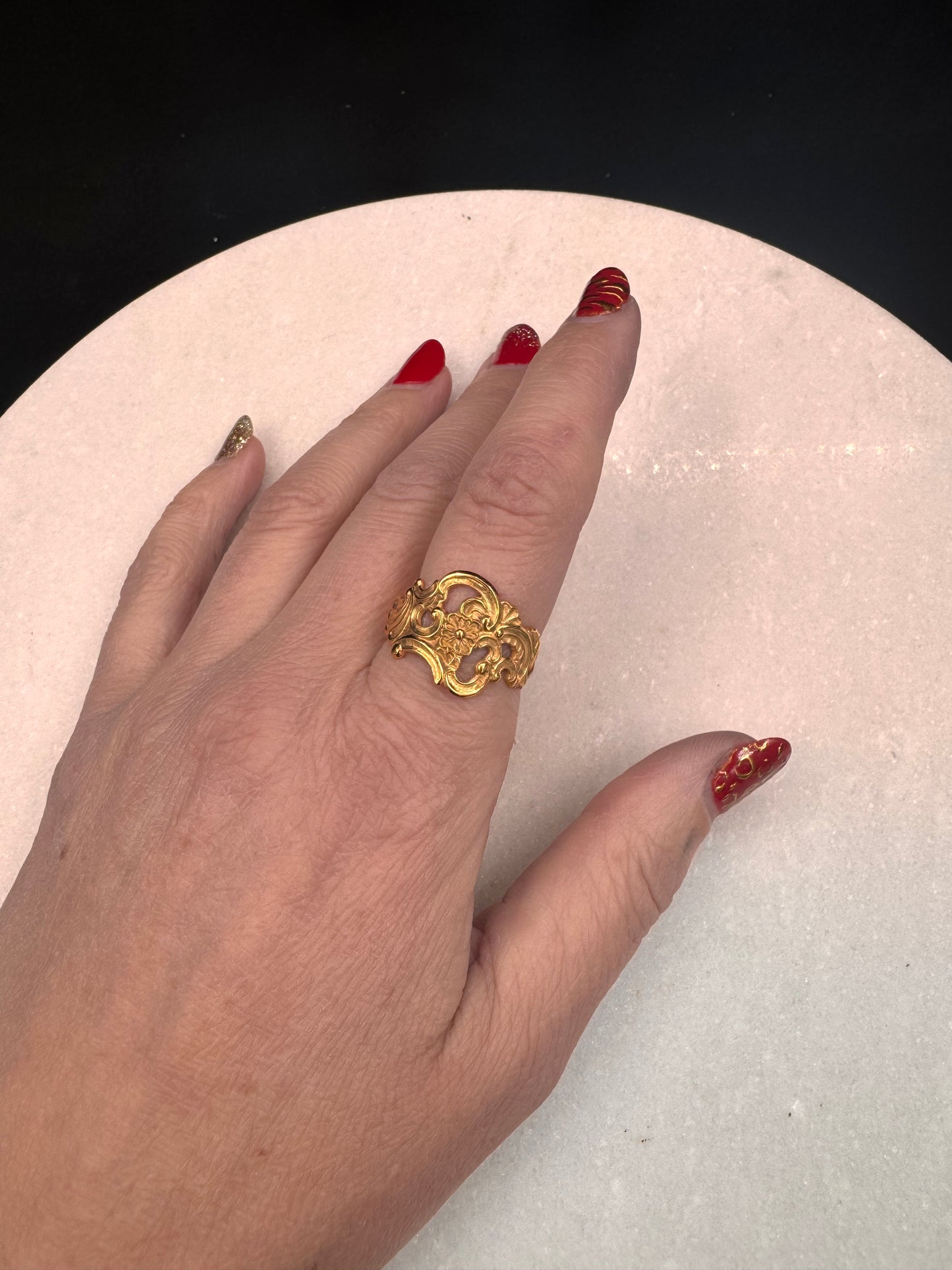 Vintage Sølvring «Oldemor» gullforgylt str 58