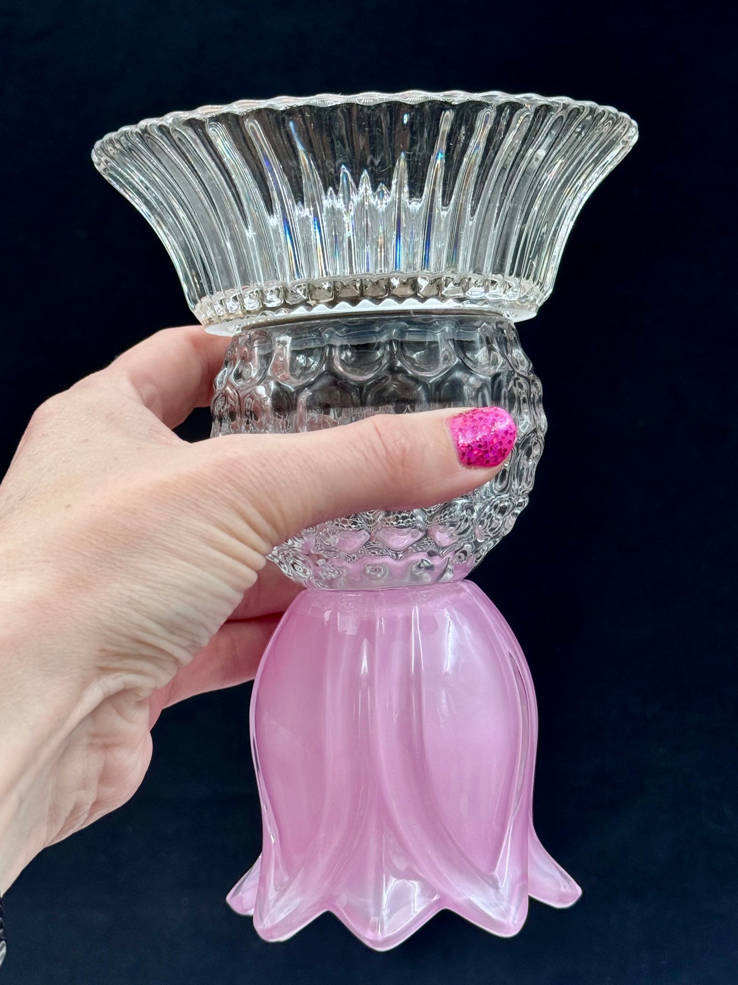 Mini Solcellelampe med rosa fot og glasskål