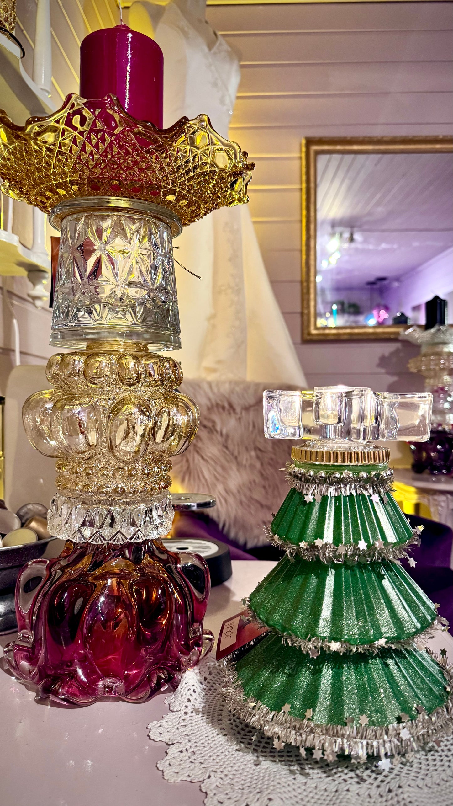 Vintage lysestake i designerkrystall som Helena Tynell