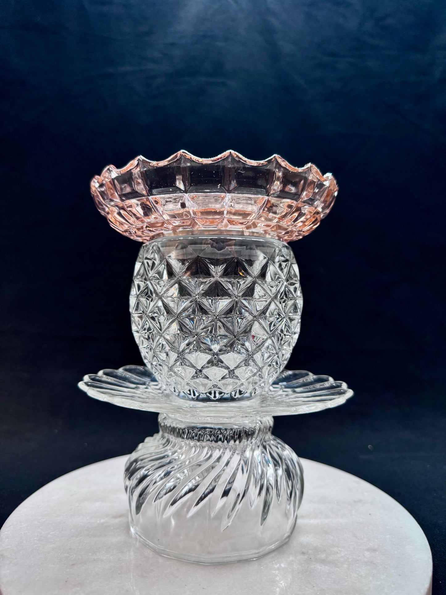 Vintage solcellelampe klart glass og rosa glassfat