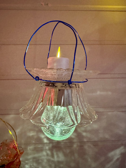 Vintage Solcellelampe hengelykt - klart glass og blått feste