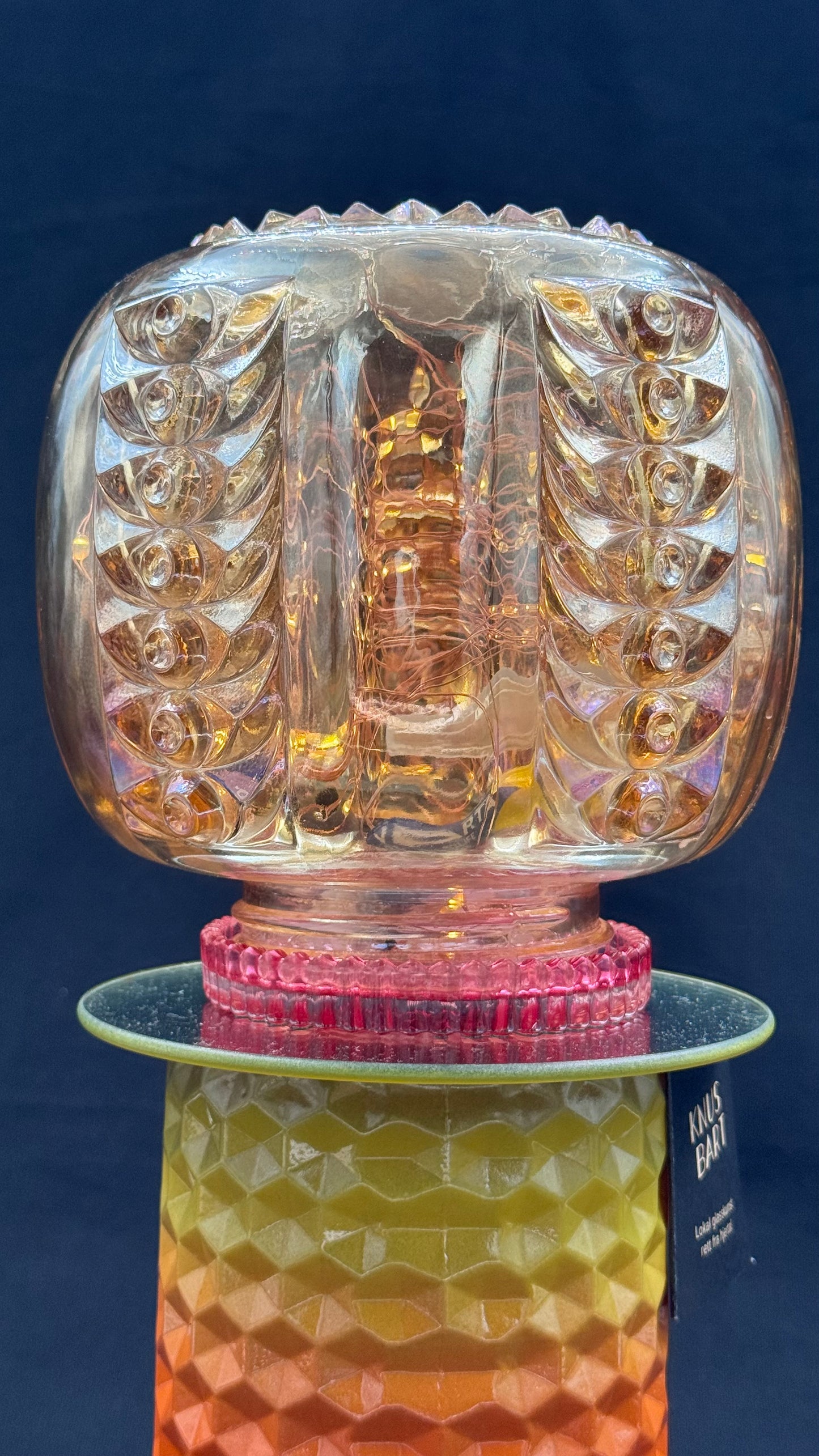 Vintage Diamantlampe med solnedgangfot og amber kuppel