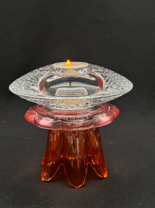 Vintage lysestake Orrefors krystall og med rosa/oransje