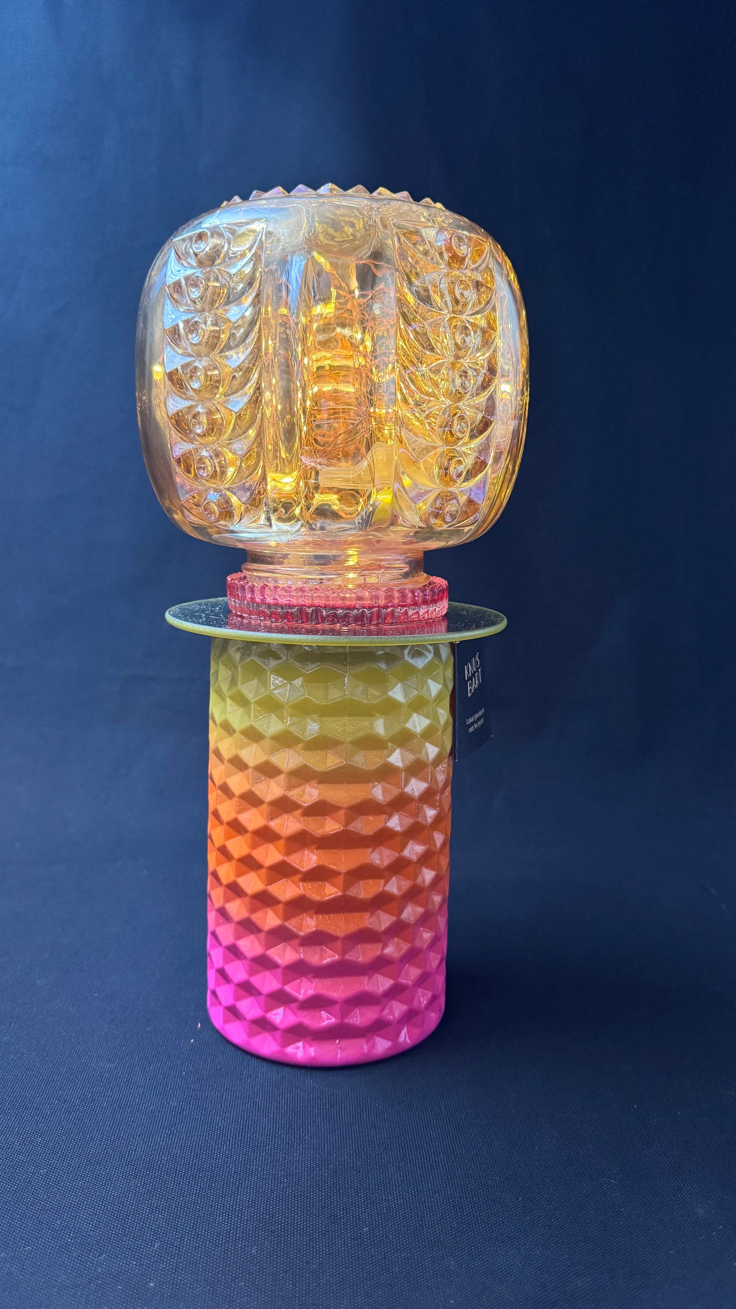 Vintage Diamantlampe med solnedgangfot og amber kuppel