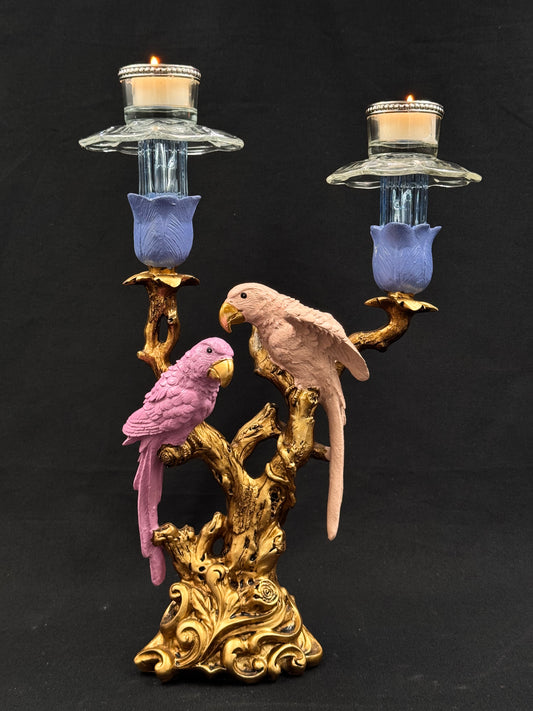 Redesignet Papegøye i gull, rosa og lilla