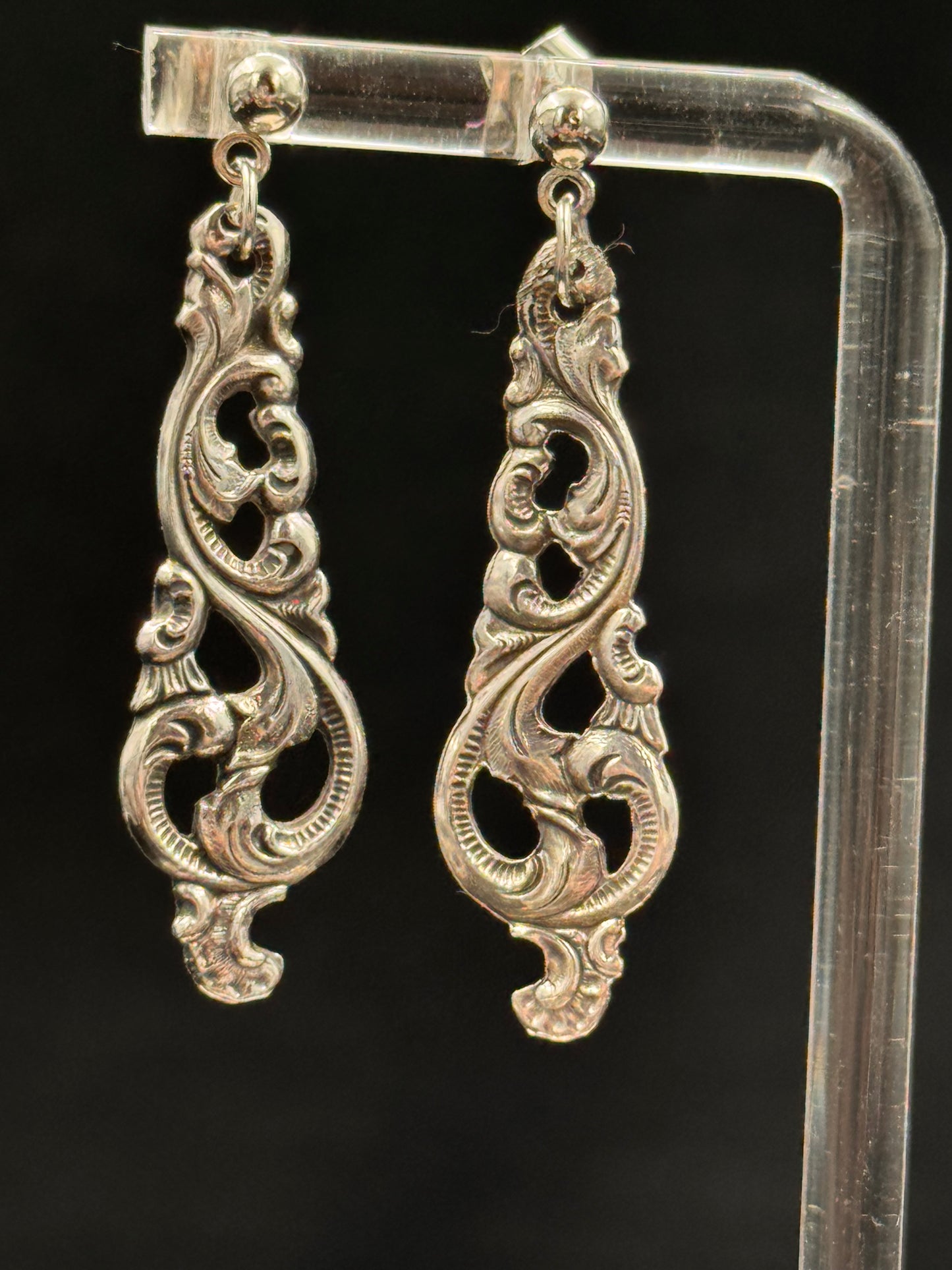 Vintage øredobb i sølvmønster «Dobbel Rokokko» mocca-str