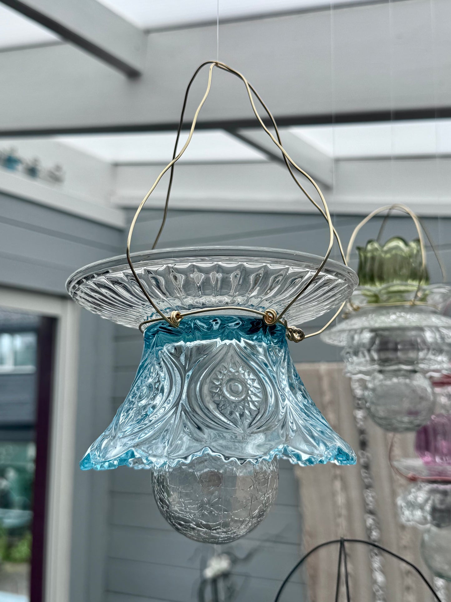 Vintage Solcellelampe hengelykt - turkis og klart glass