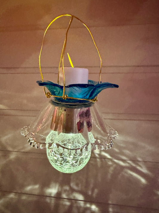Vintage Solcellelampe hengelykt - klart glass og blå blomst