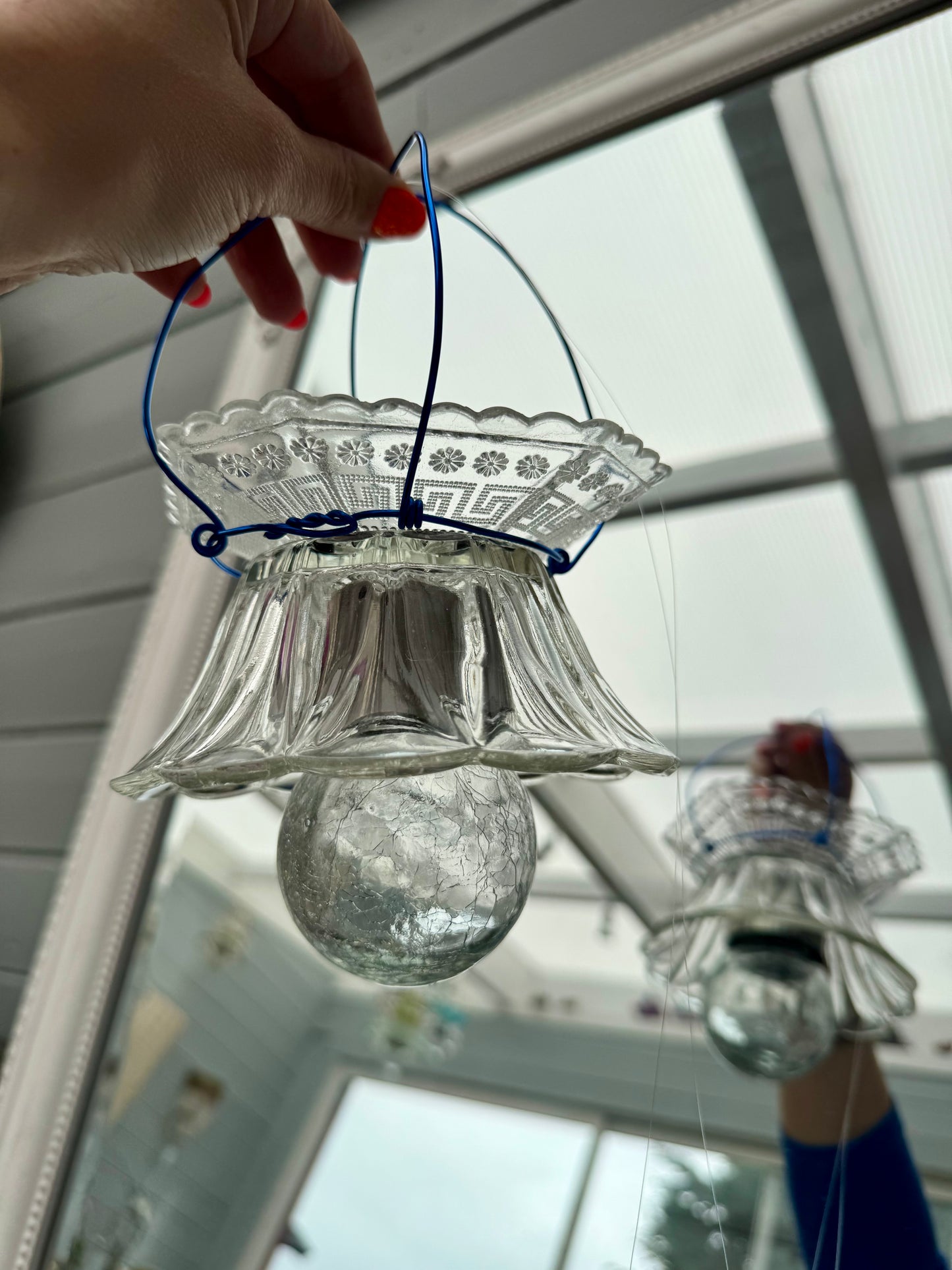 Vintage Solcellelampe hengelykt - klart glass og blått feste