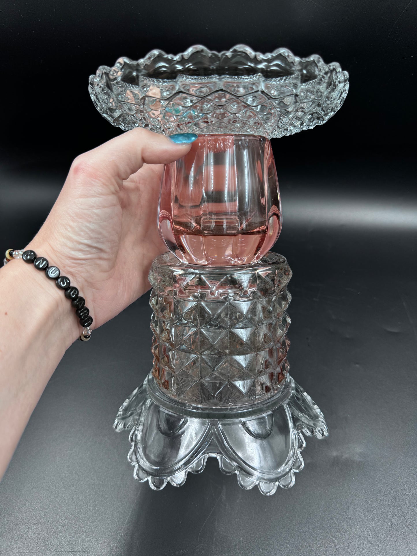 Vintage lysestake i fersken og rosa