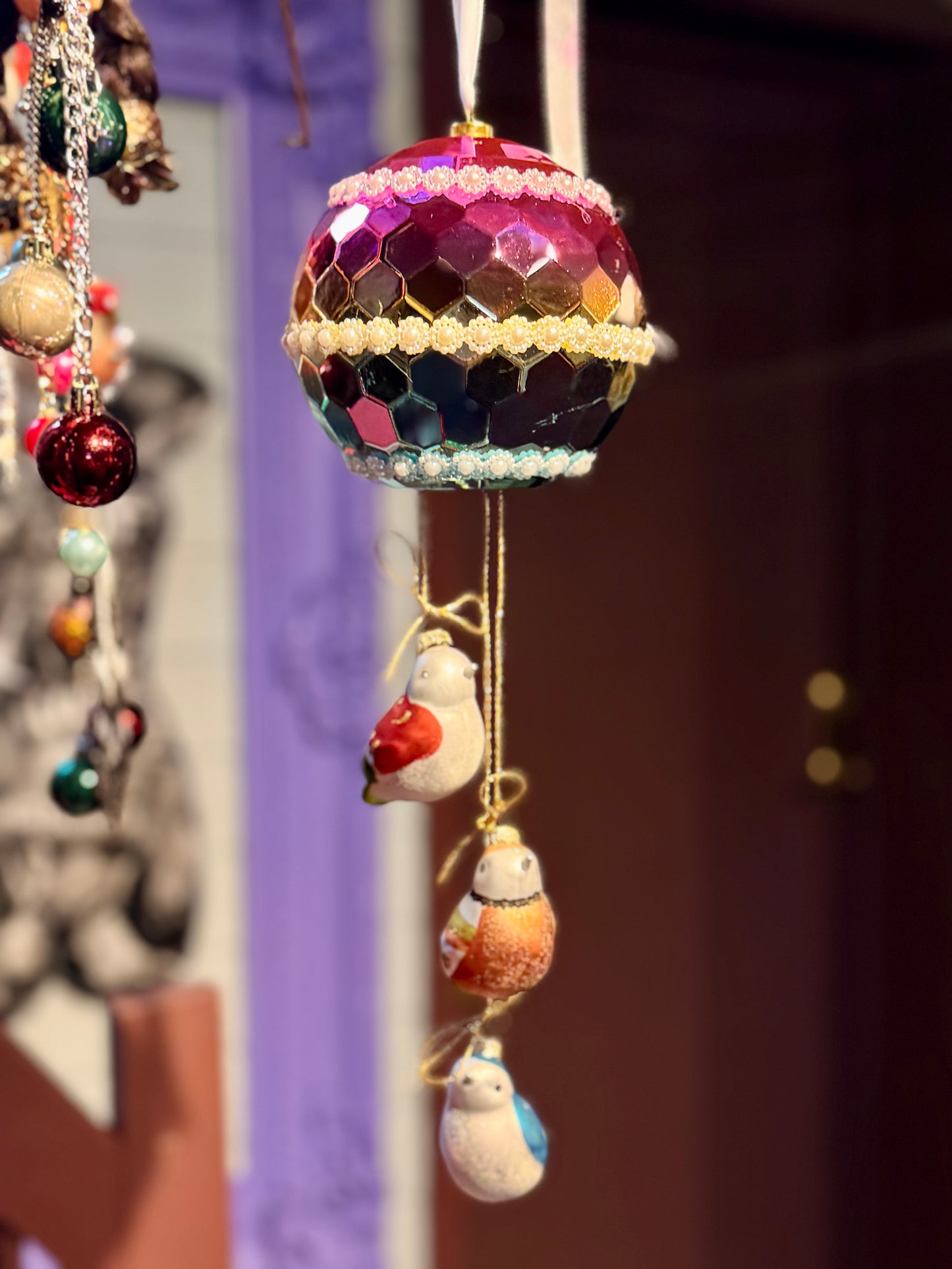 Disco julekule med 3 små fugler