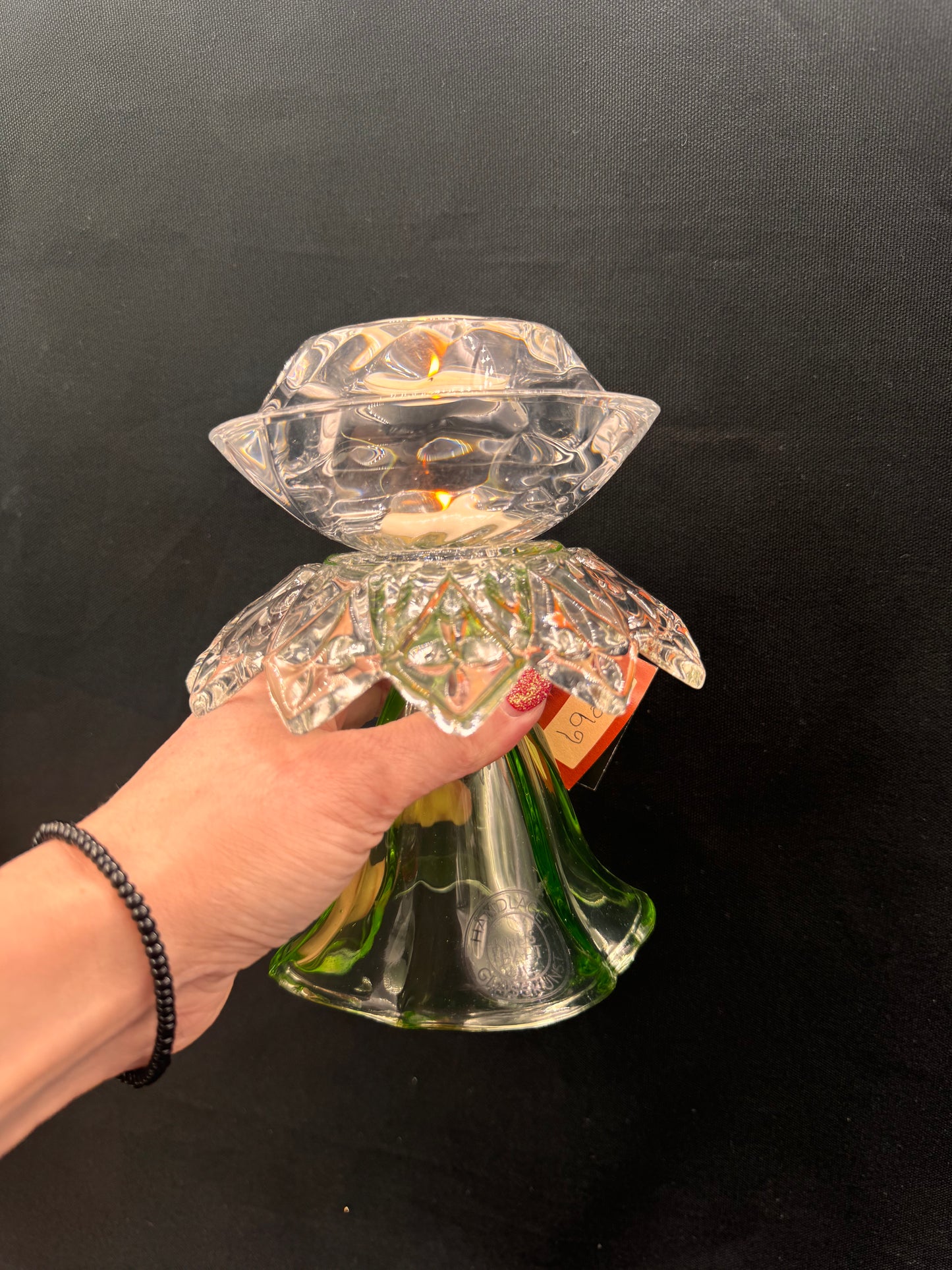 Vintage lysestake i grønn og med Royal Copenhagen telysholder