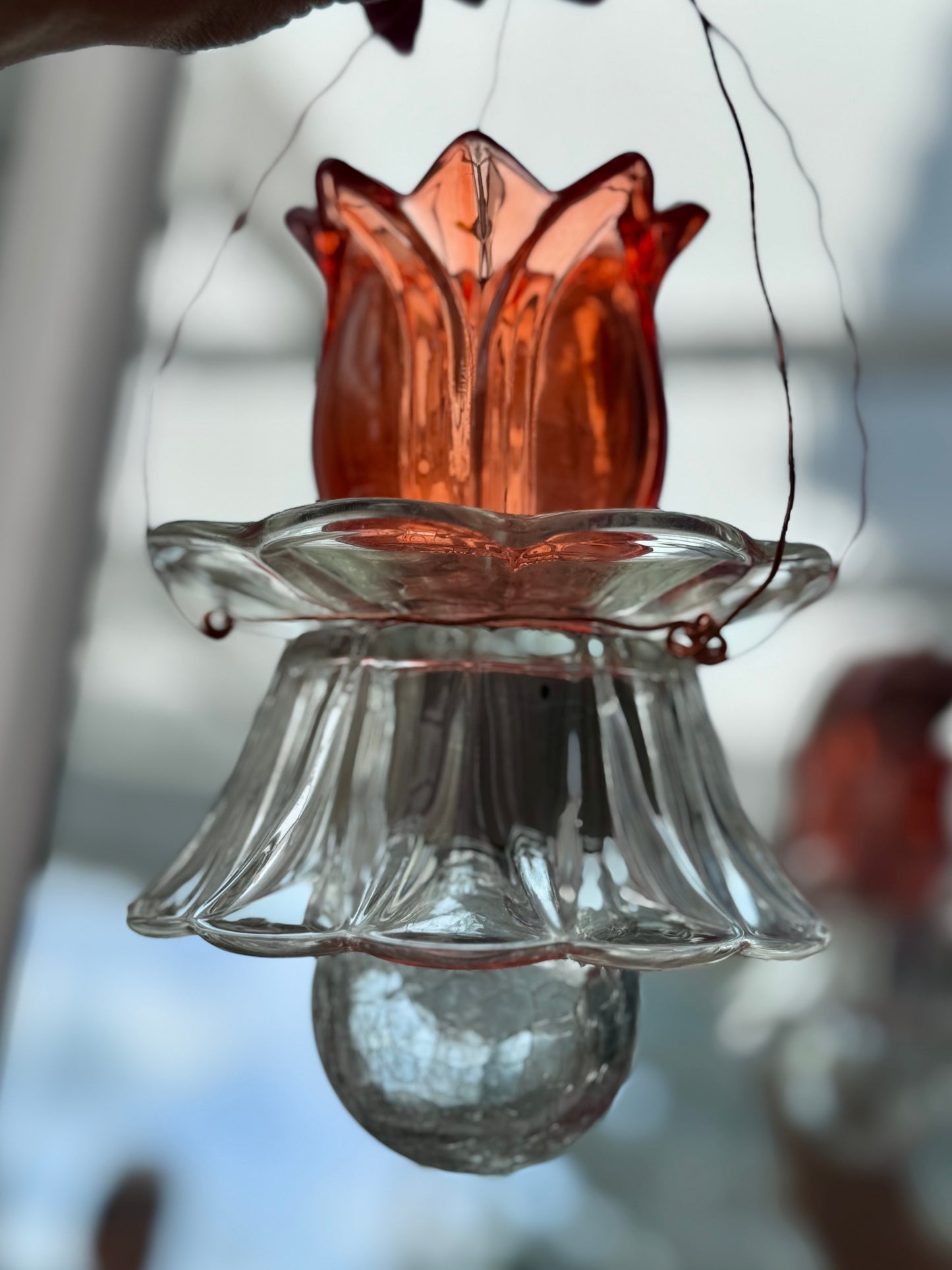 Vintage Solcellelampe hengelykt - oransje/rød  tulipan og glasskål
