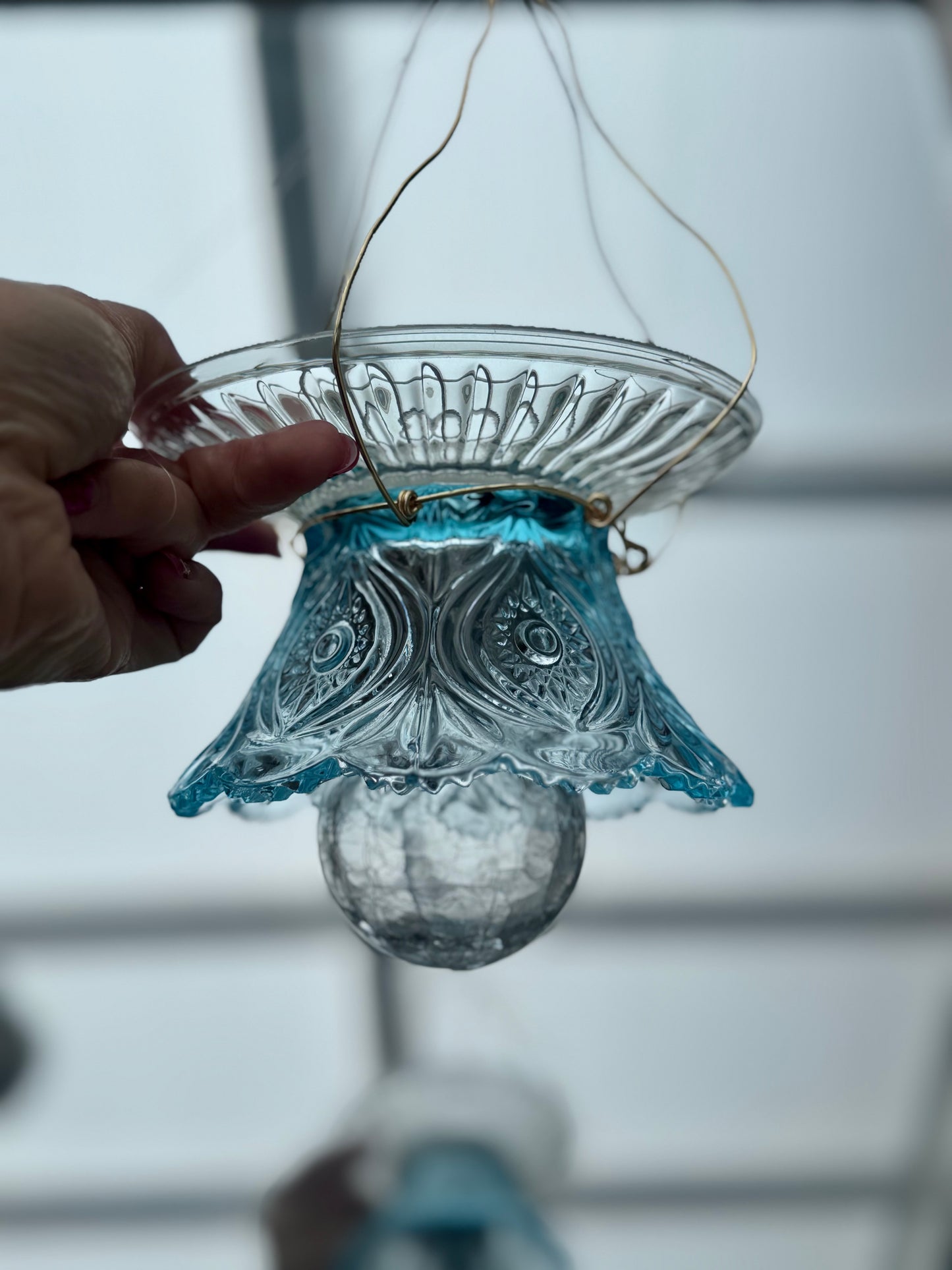 Vintage Solcellelampe hengelykt - turkis og klart glass