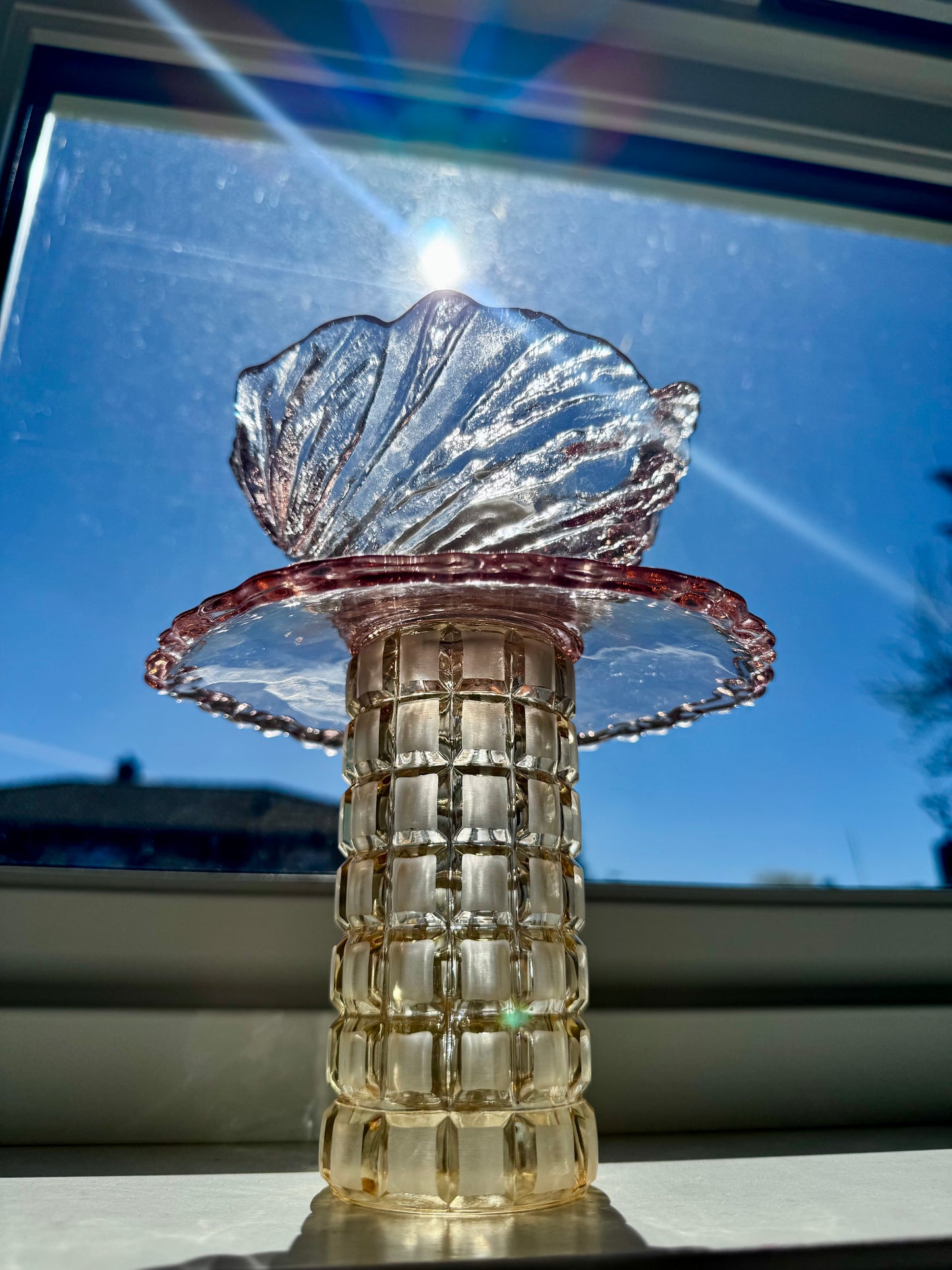 Vintage lysestake i champagne og rosa skål