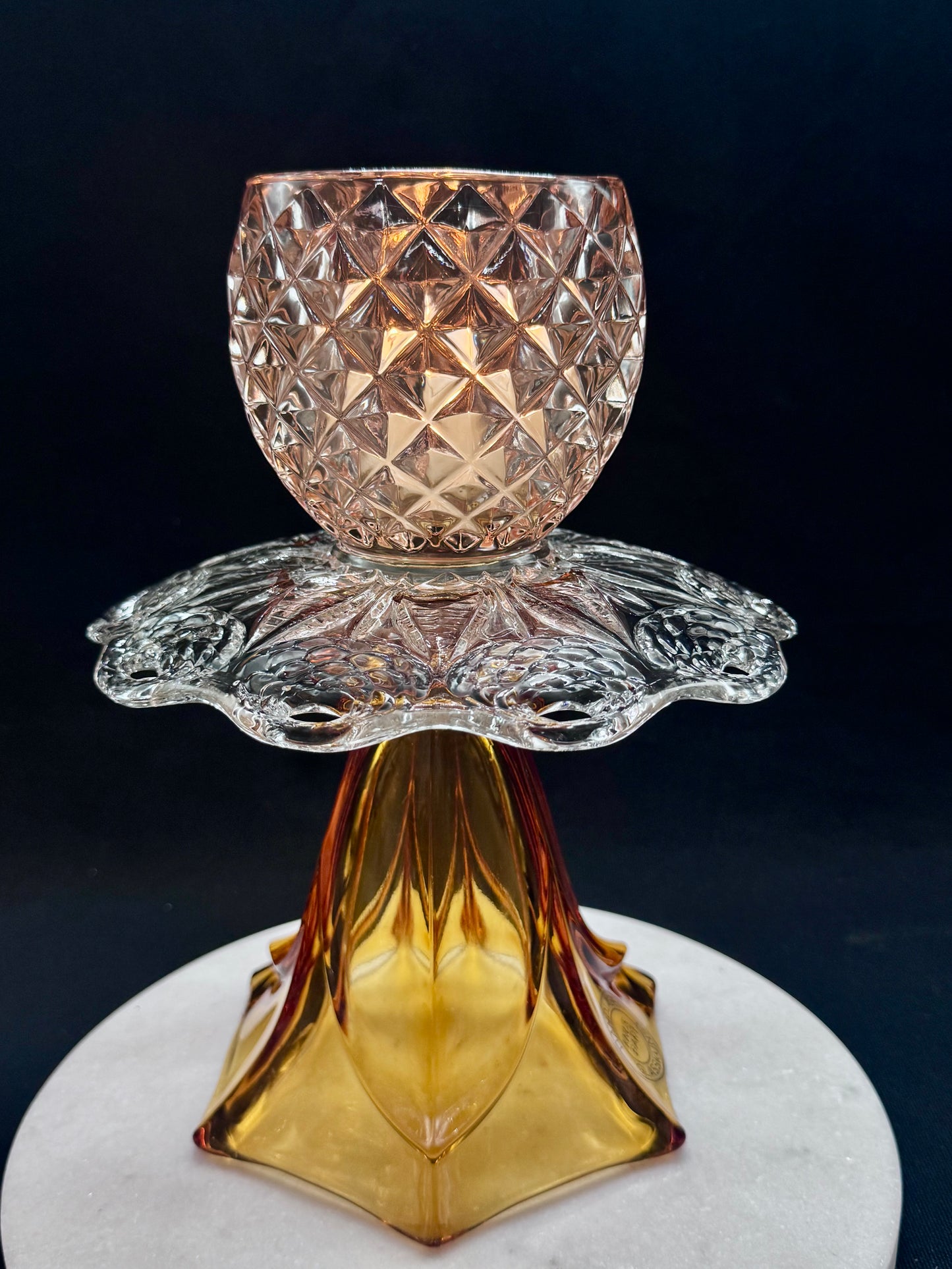 Bestilling! Stor solcellelampe med retro vase i rav gult og rosa kule