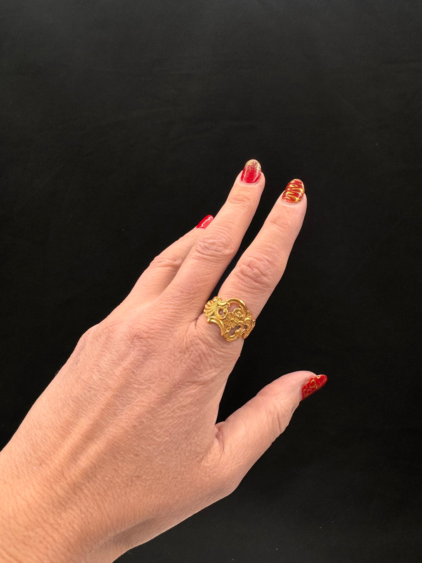 Vintage Sølvring «Oldemor» gullforgylt str 58