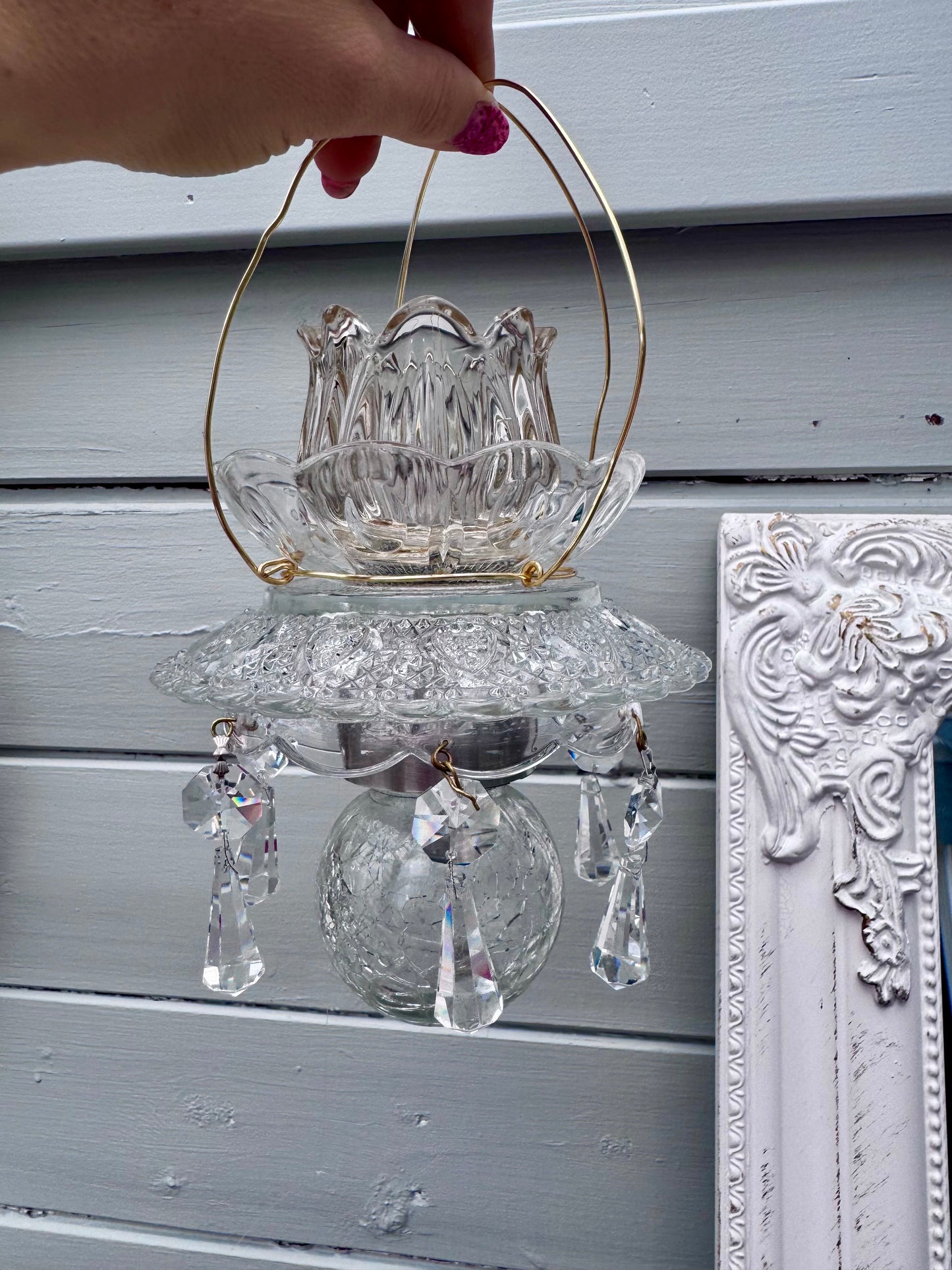 Vintage Solcellelampe hengelykt - grå tulipan og krystall prismer