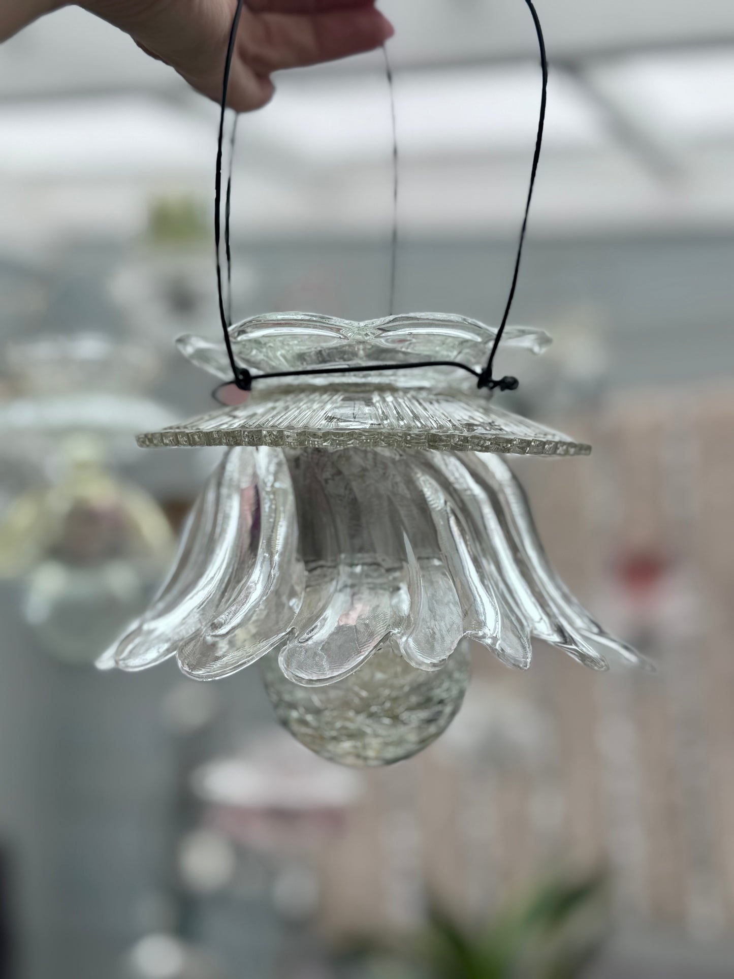 Vintage Solcellelampe hengelykt - klart glass og svart feste