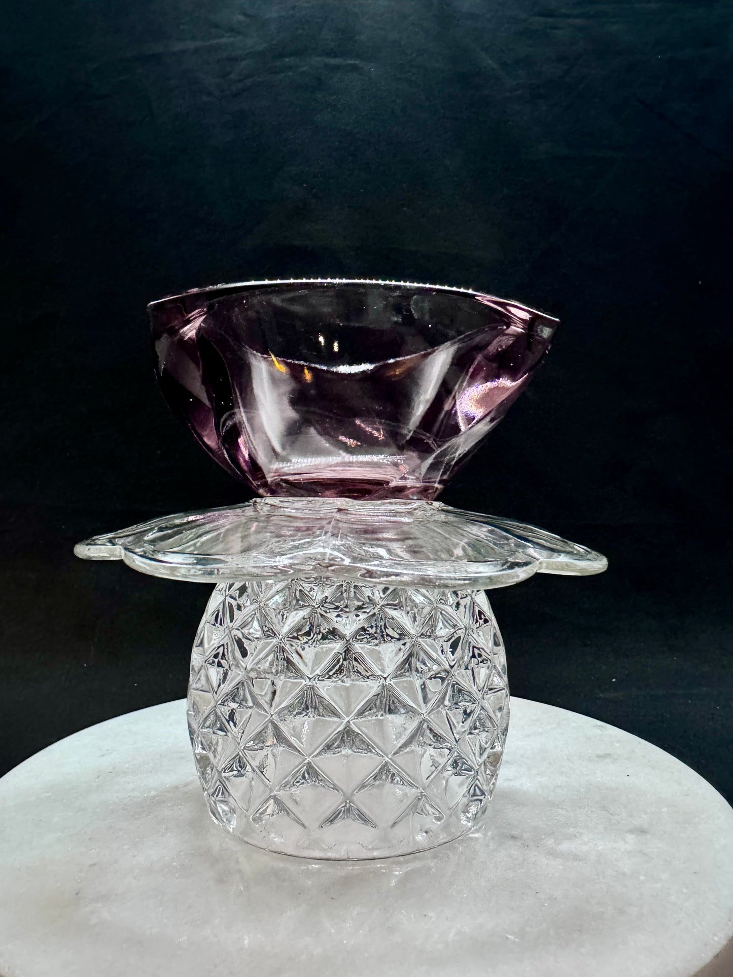 Vintage solcellelampe lilla og rosa glassfat