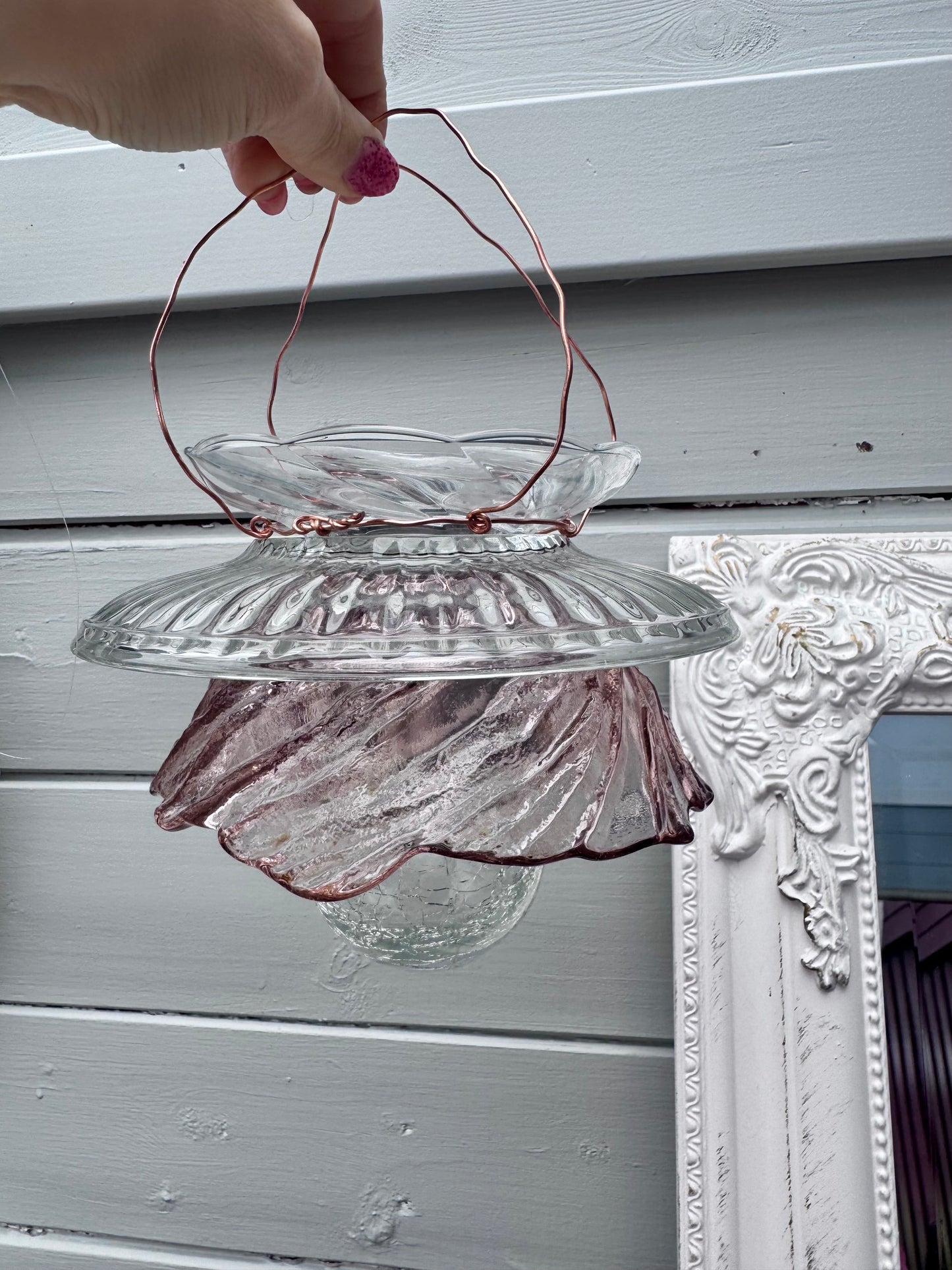 Vintage Solcellelampe hengelykt - dus rosa glass med og glassfat til lyslenke eller telys