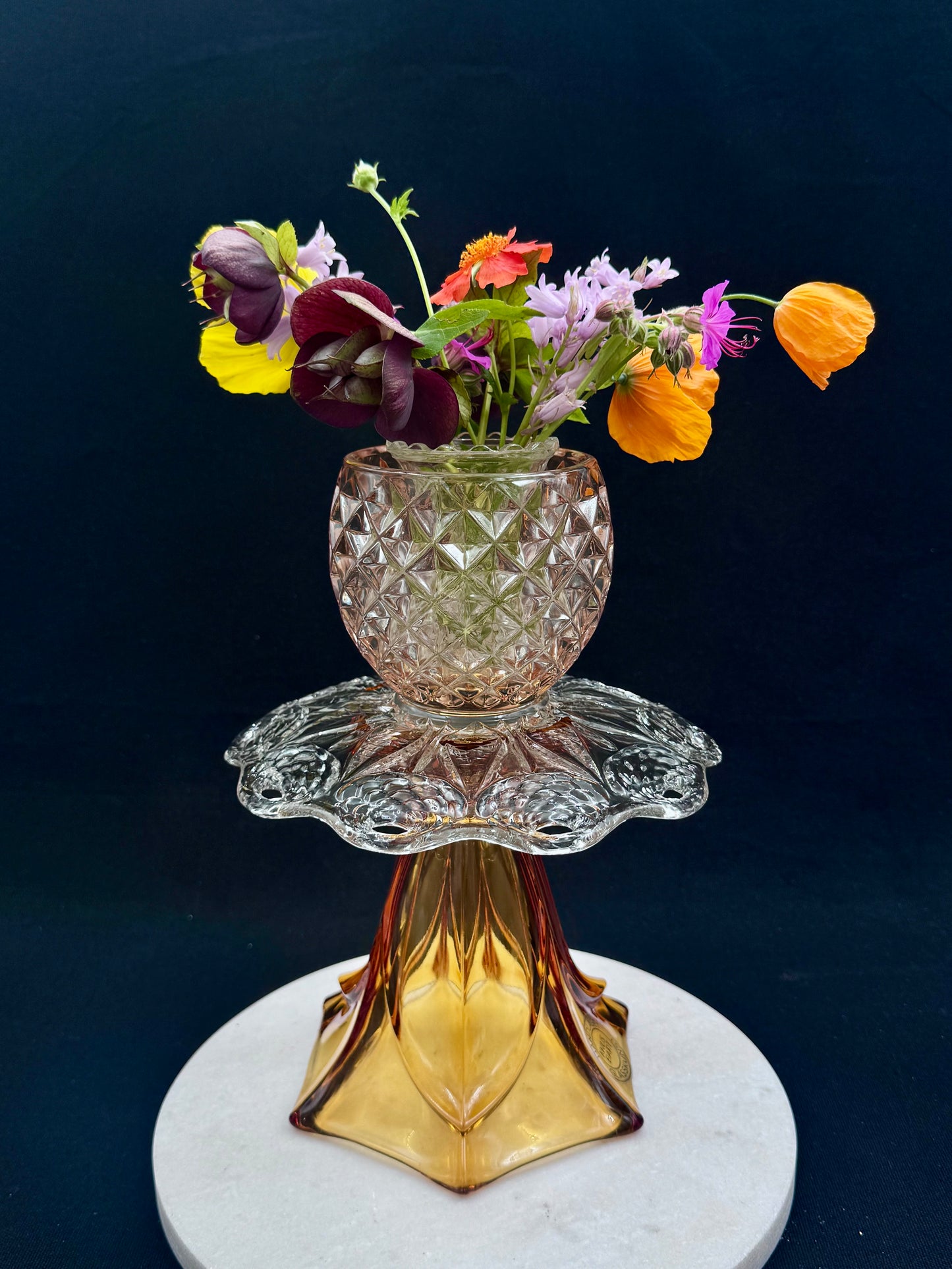 Bestilling! Stor solcellelampe med retro vase i rav gult og rosa kule