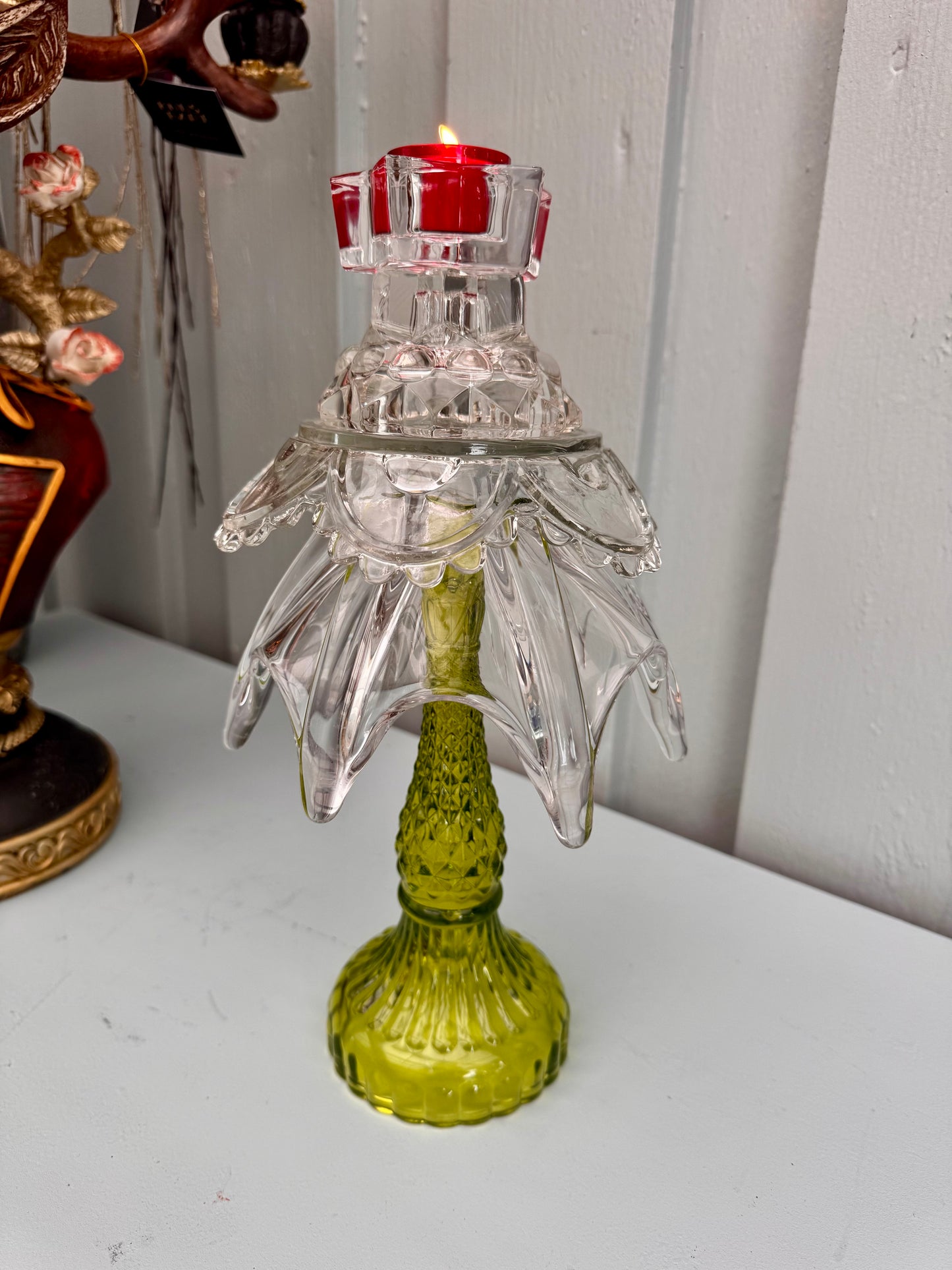 Vintage Juletre med grønn glassfot og krystall