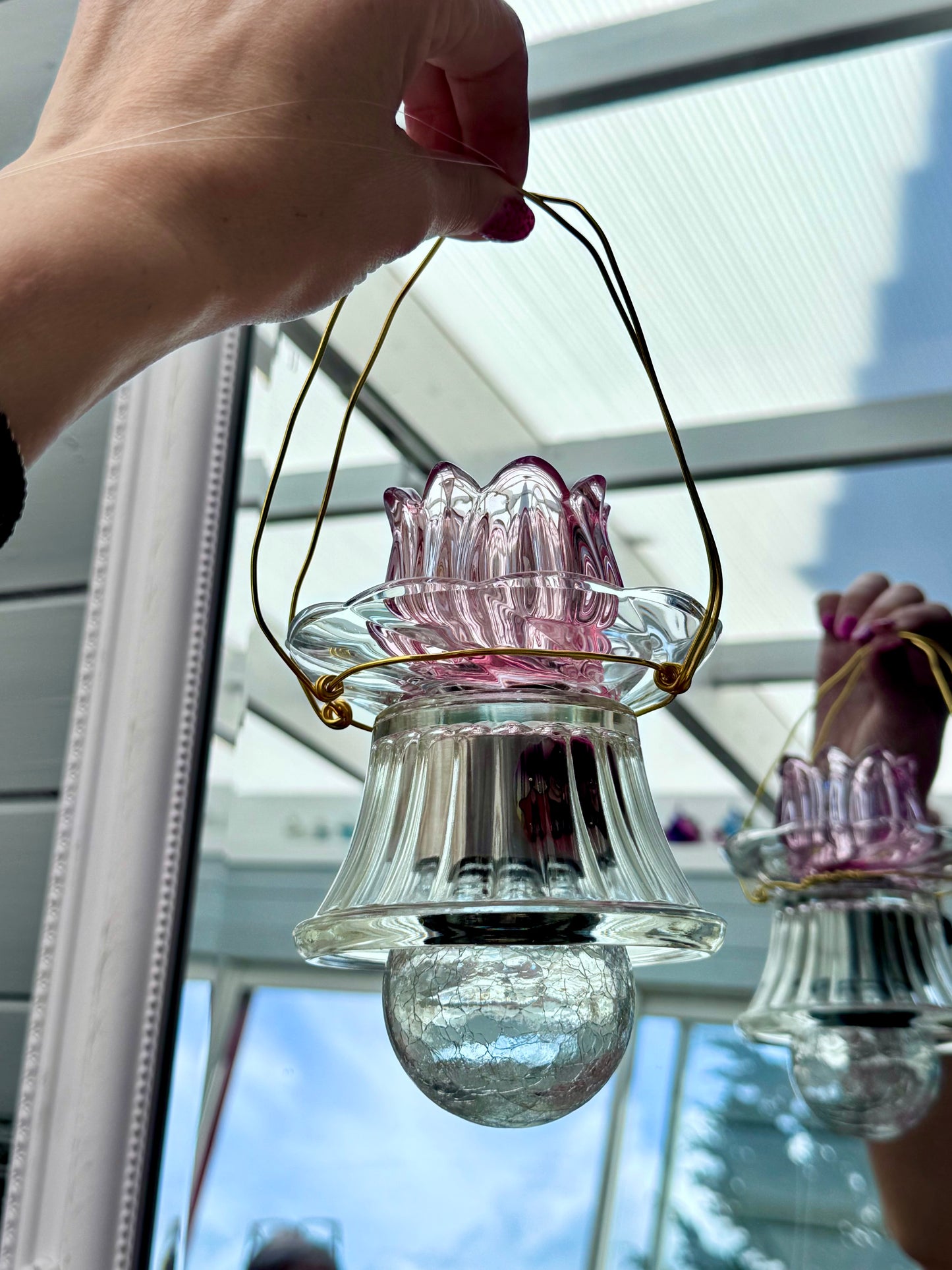 Vintage Solcellelampe hengelykt - rosa tulipan og klart glass