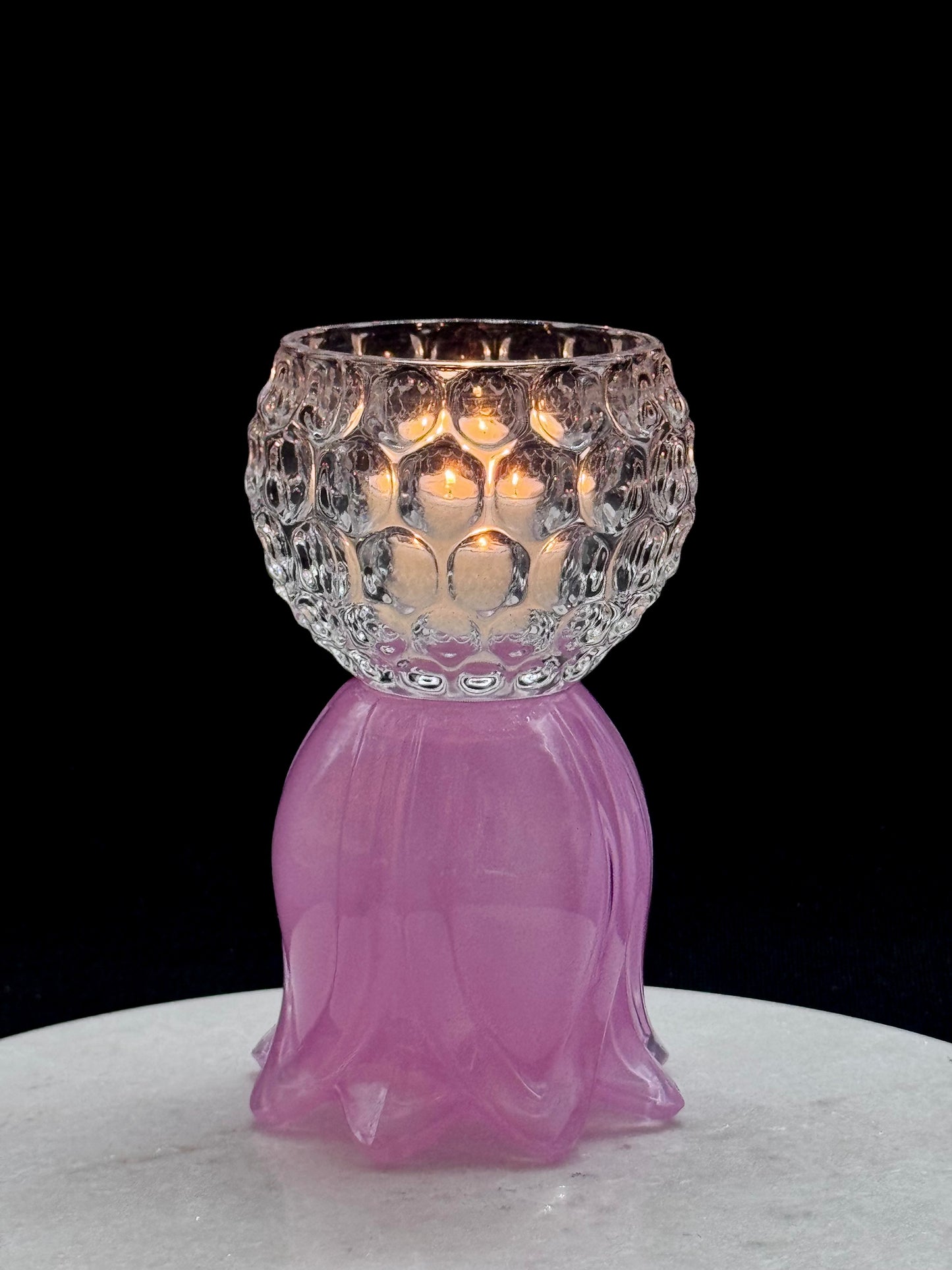 Mini Solcellelampe med rosa fot og glasskål