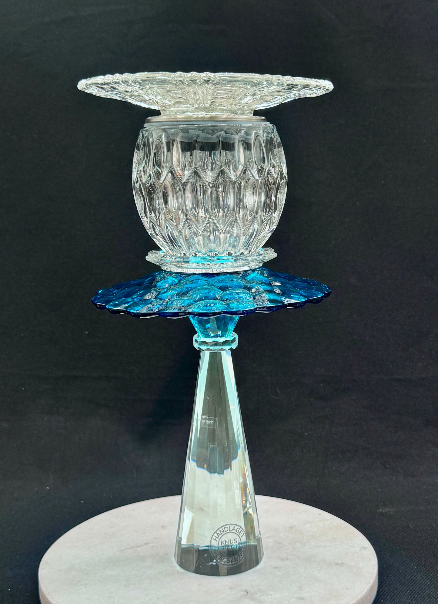 Stor vintage solcellelampe krystallfot med blå krave og glassfat