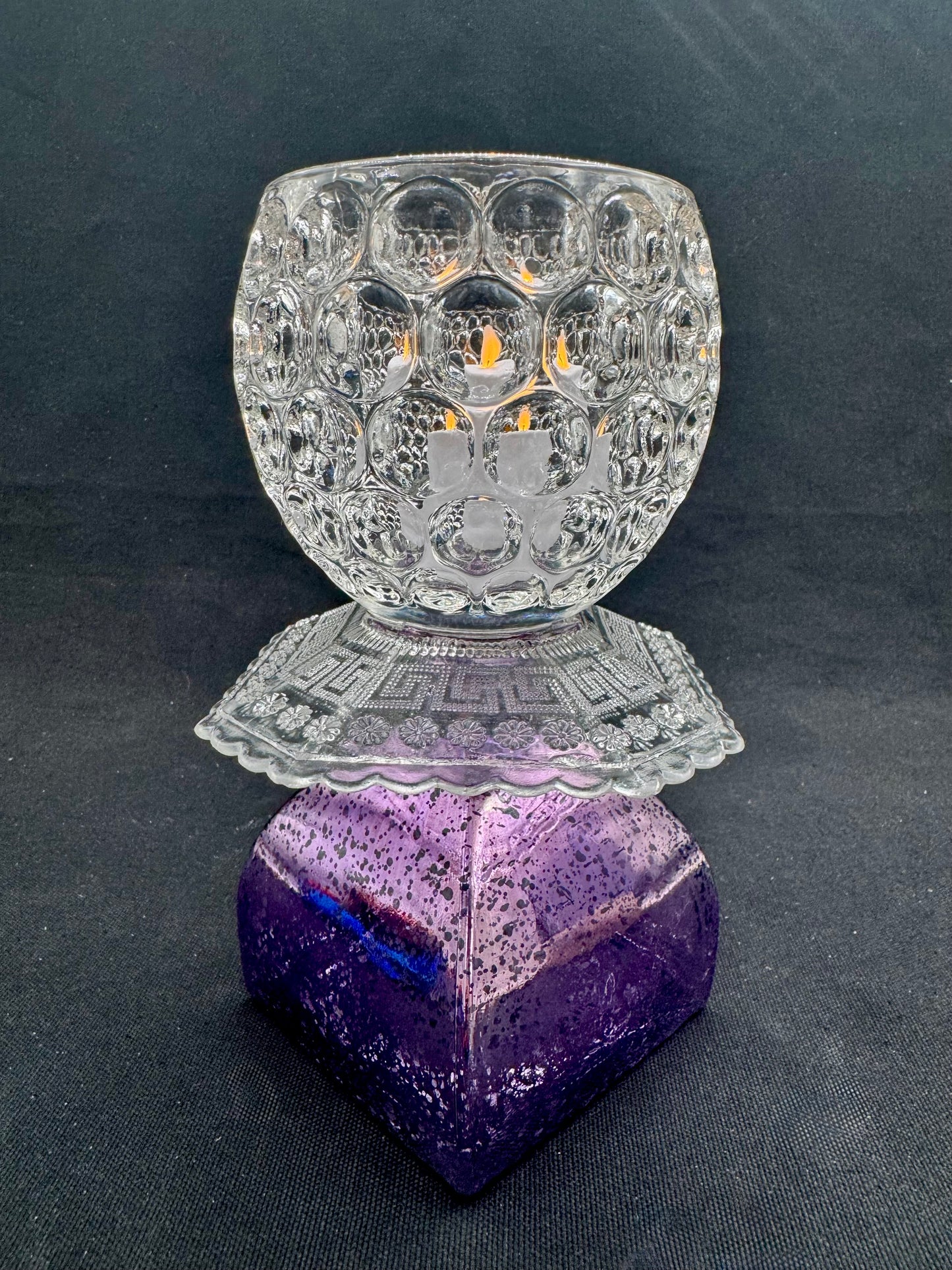 Vintage solcellelampe lilla fot og glassfat