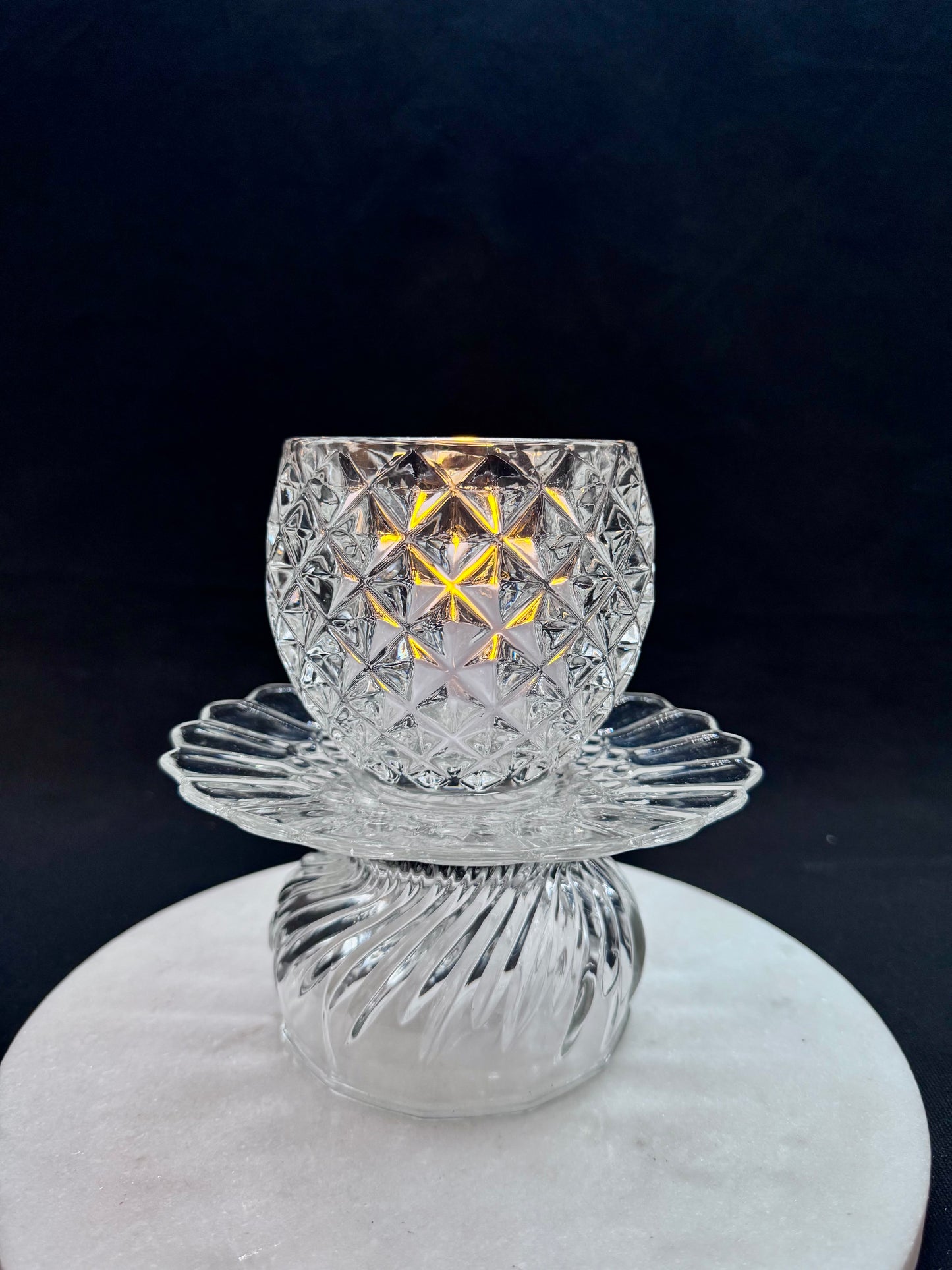 Vintage solcellelampe klart glass og rosa glassfat