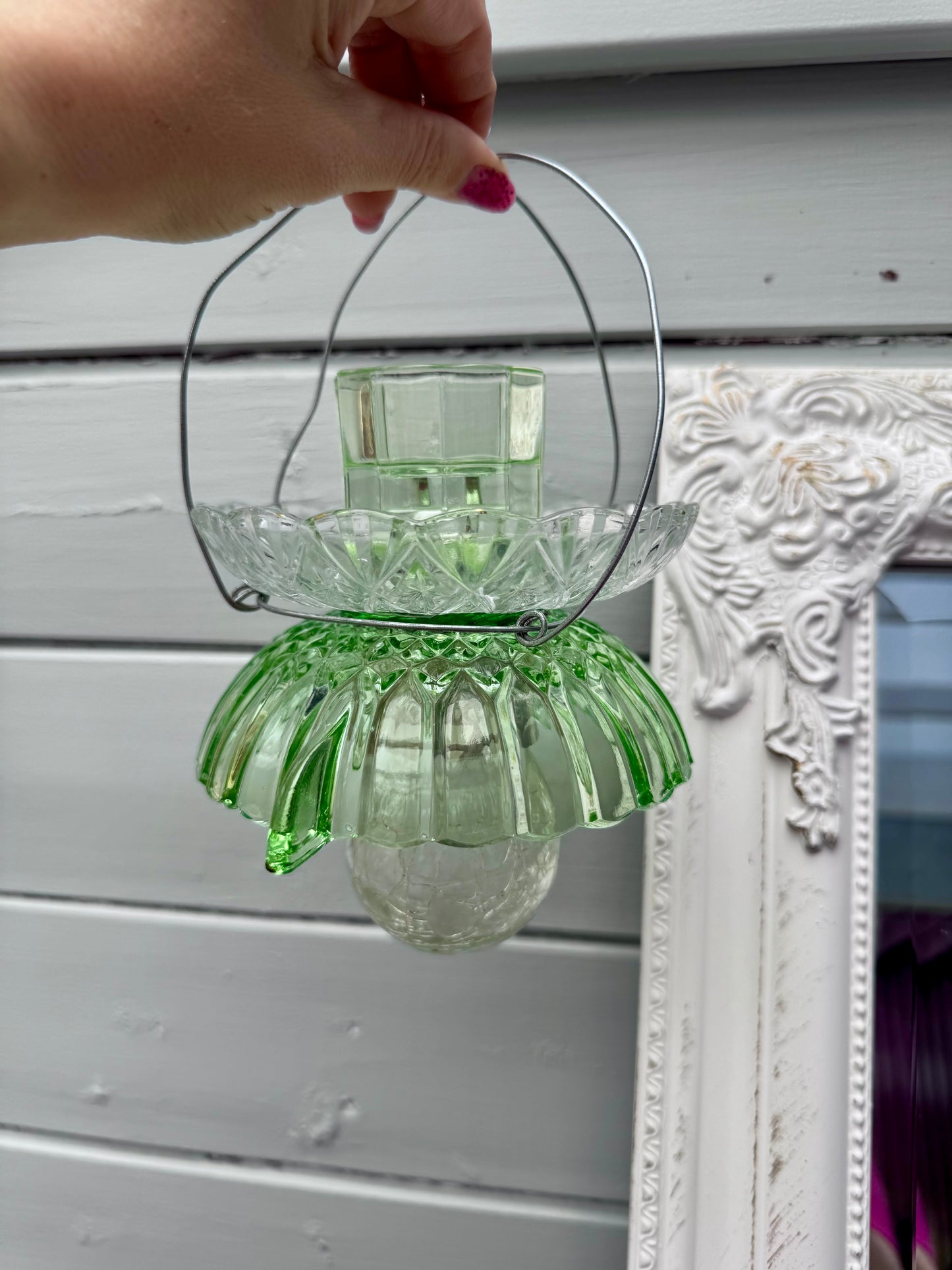 Vintage Solcellelampe hengelykt - grønn skål og grønt telys
