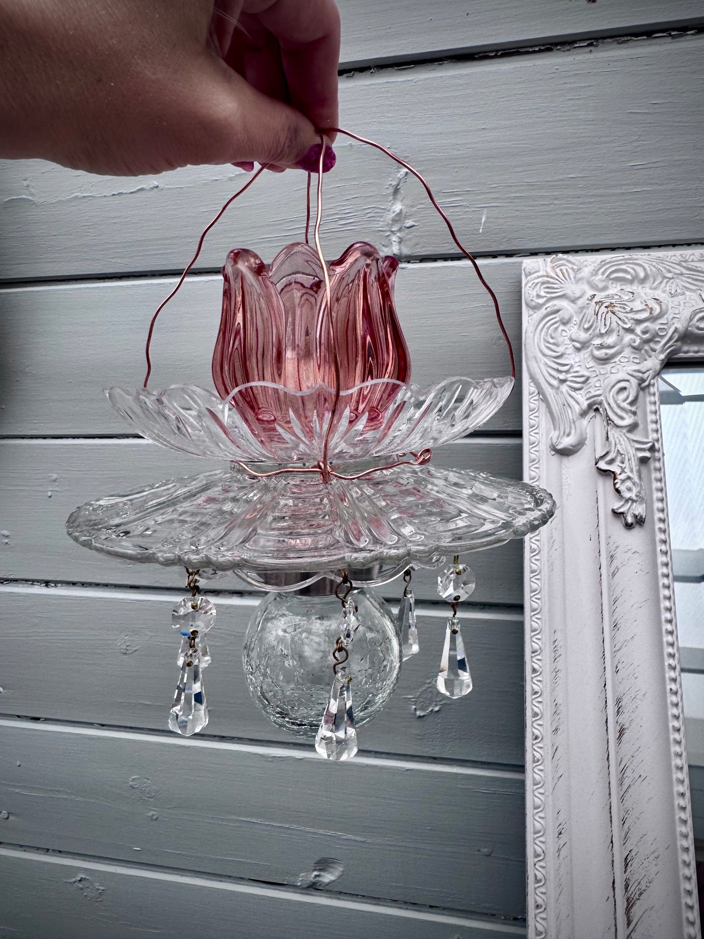 Vintage Solcellelampe hengelykt - oransje/rød  tulipan og prismer