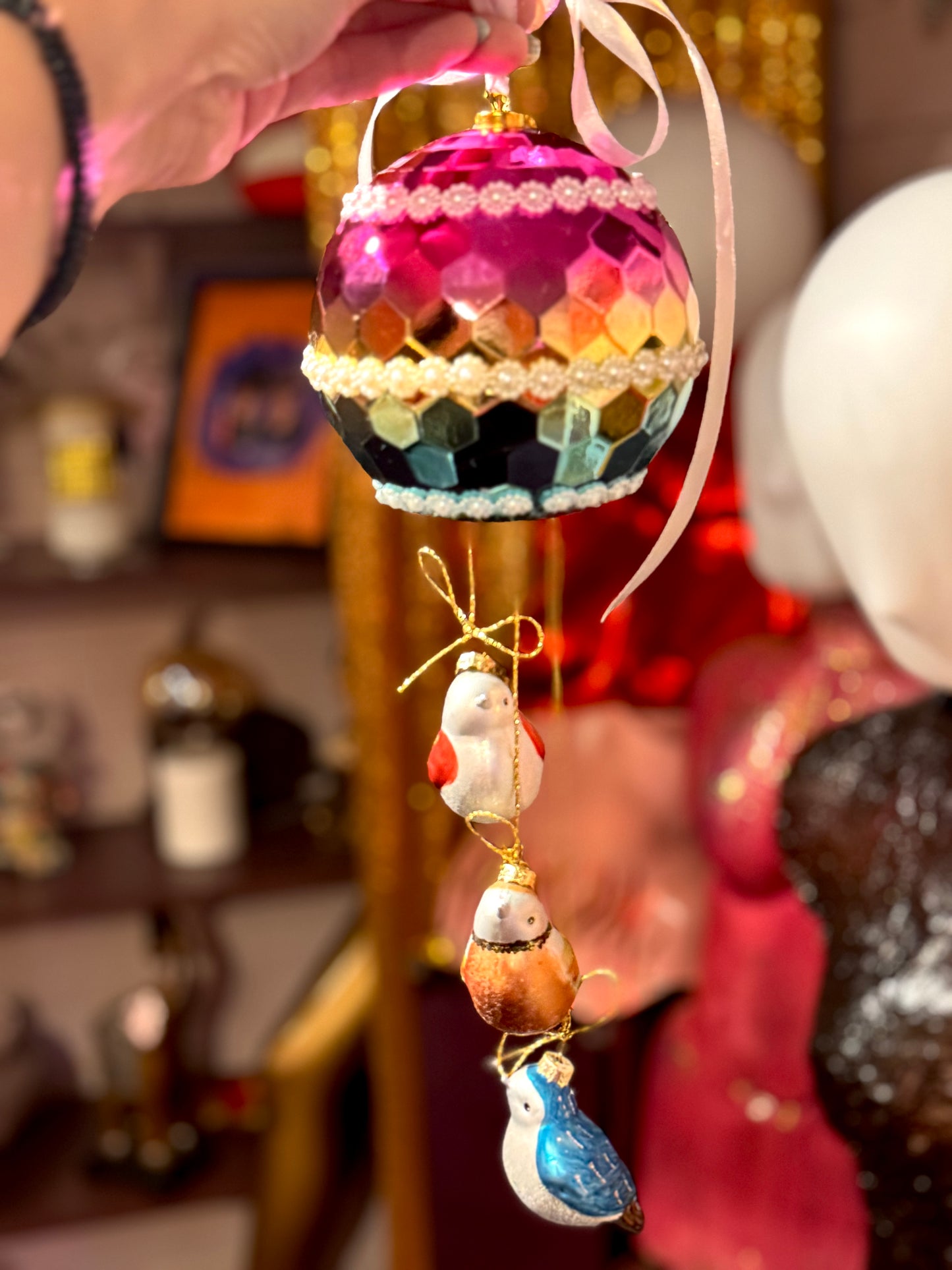 Disco julekule med 3 små fugler