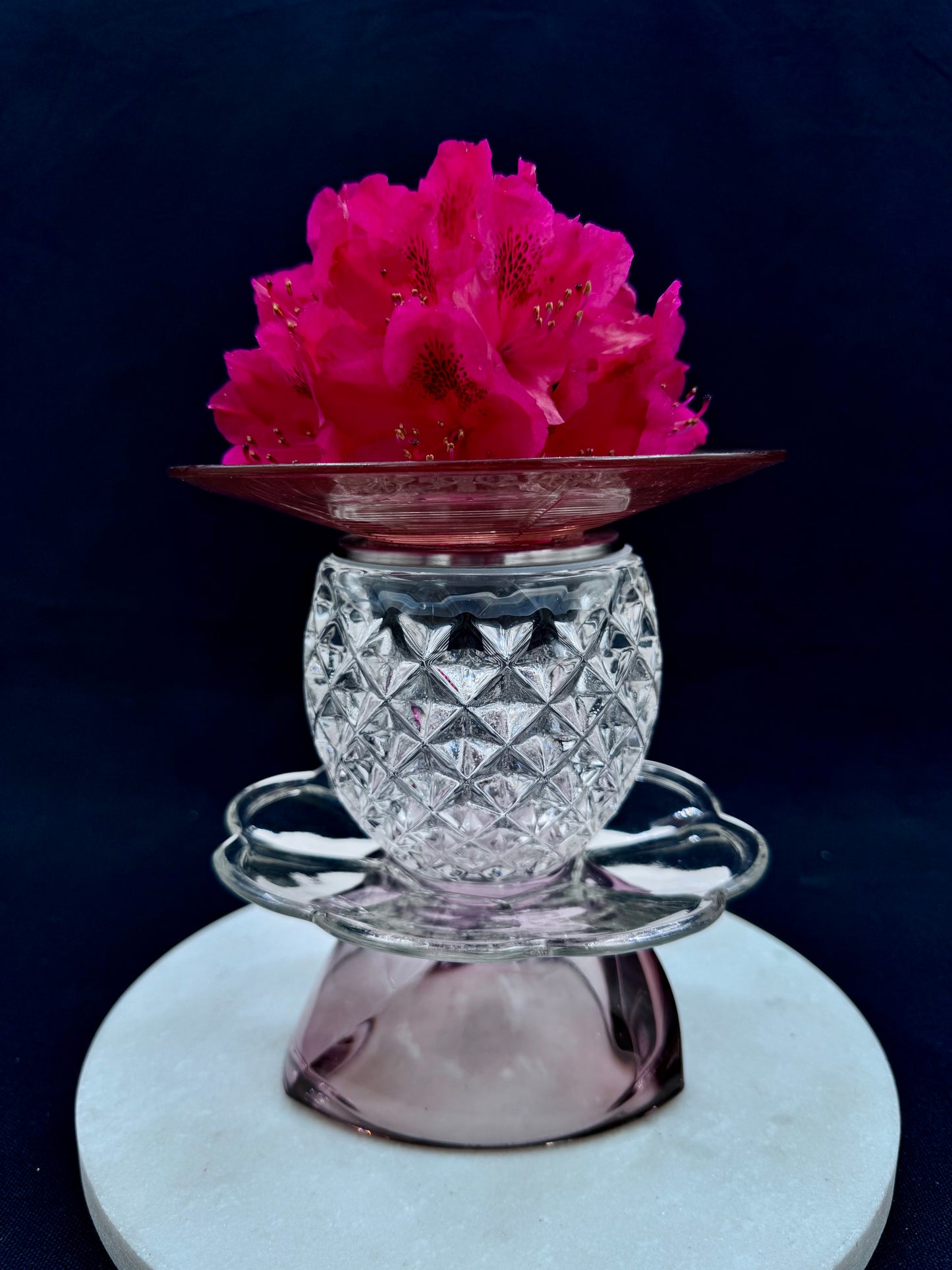 Vintage solcellelampe lilla og rosa glassfat