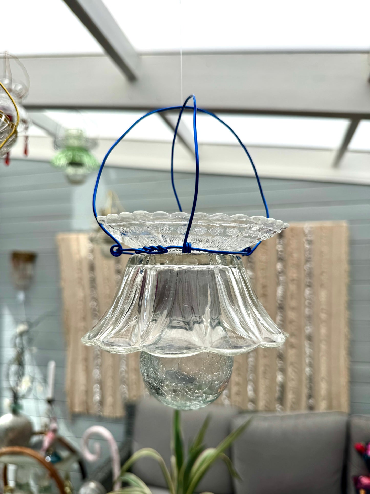 Vintage Solcellelampe hengelykt - klart glass og blått feste