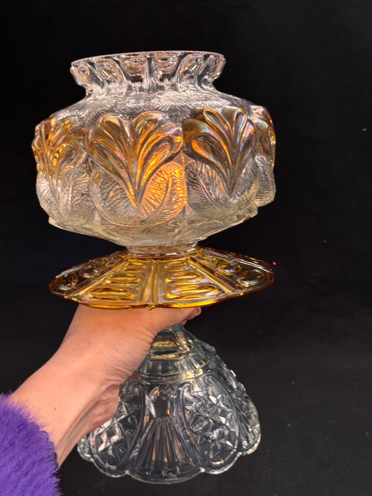 Vintage lykt i rav farget og krystallskål