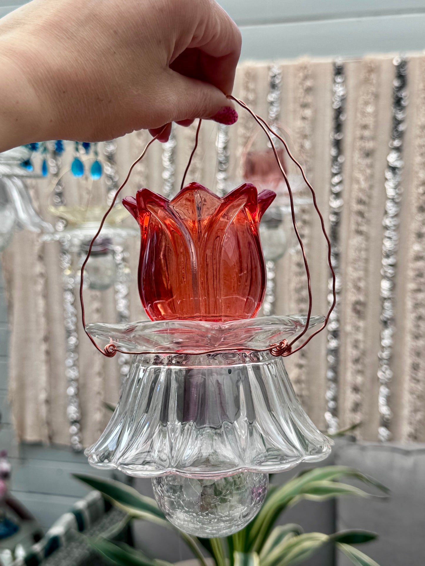 Vintage Solcellelampe hengelykt - oransje/rød  tulipan og glasskål