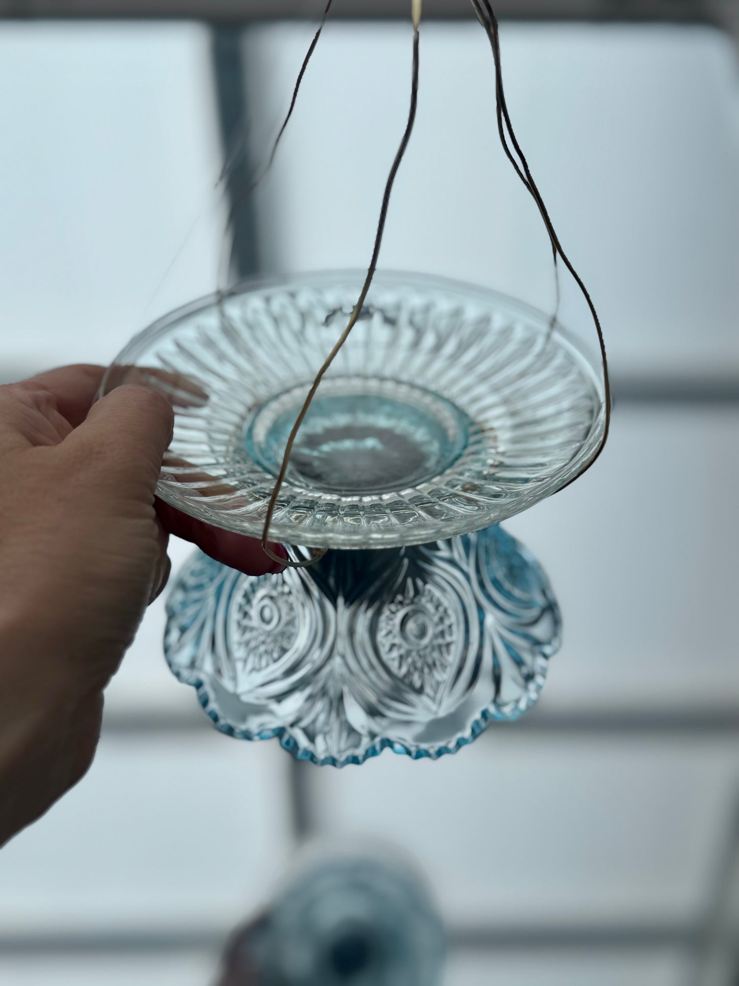 Vintage Solcellelampe hengelykt - turkis og klart glass