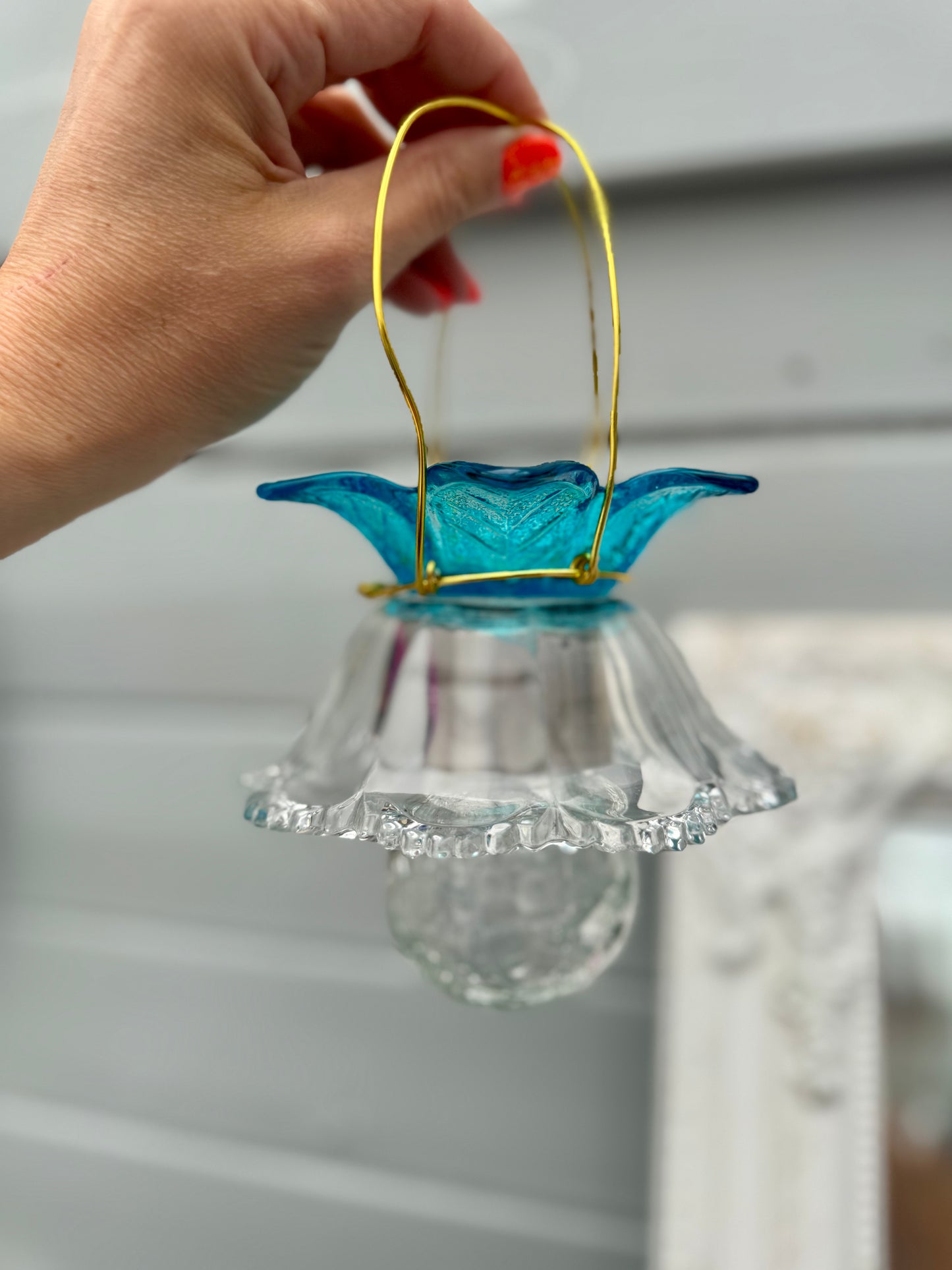 Vintage Solcellelampe hengelykt - klart glass og blå blomst