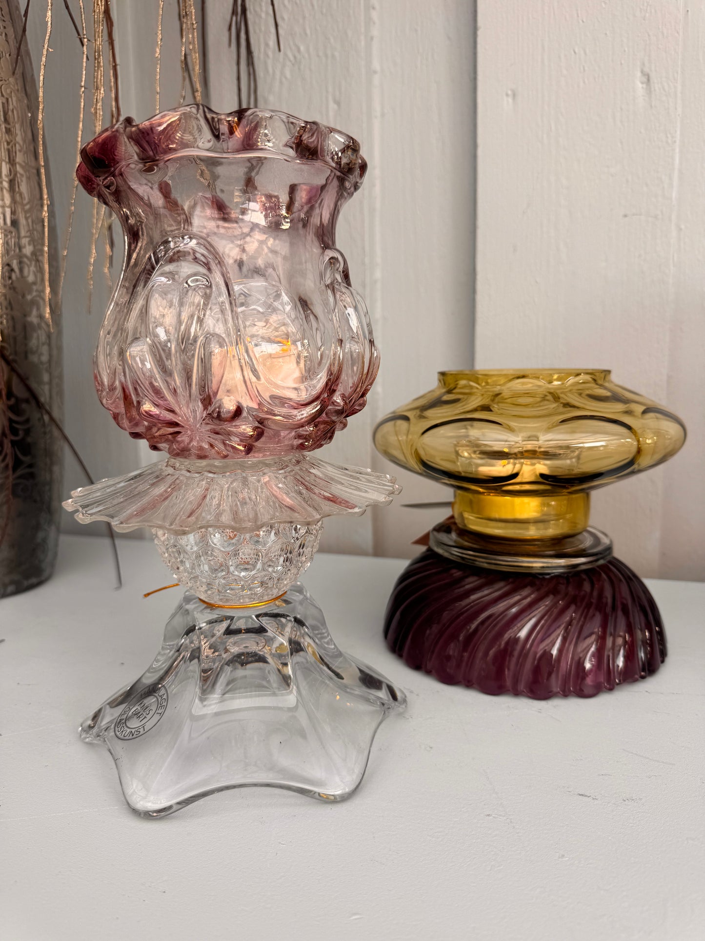 Vintage lykt i lilla og klart  glass