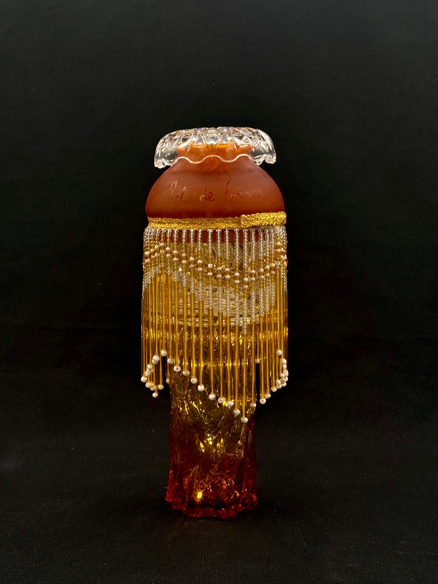 Vintage mini lyslenkelampe ambergul fot og kuppel glassfrynser