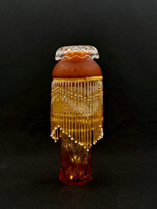 Vintage mini lyslenkelampe ambergul fot og kuppel glassfrynser