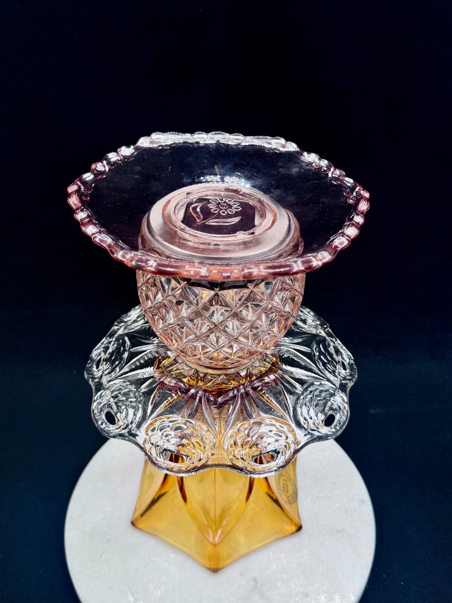 Bestilling! Stor solcellelampe med retro vase i rav gult og rosa kule