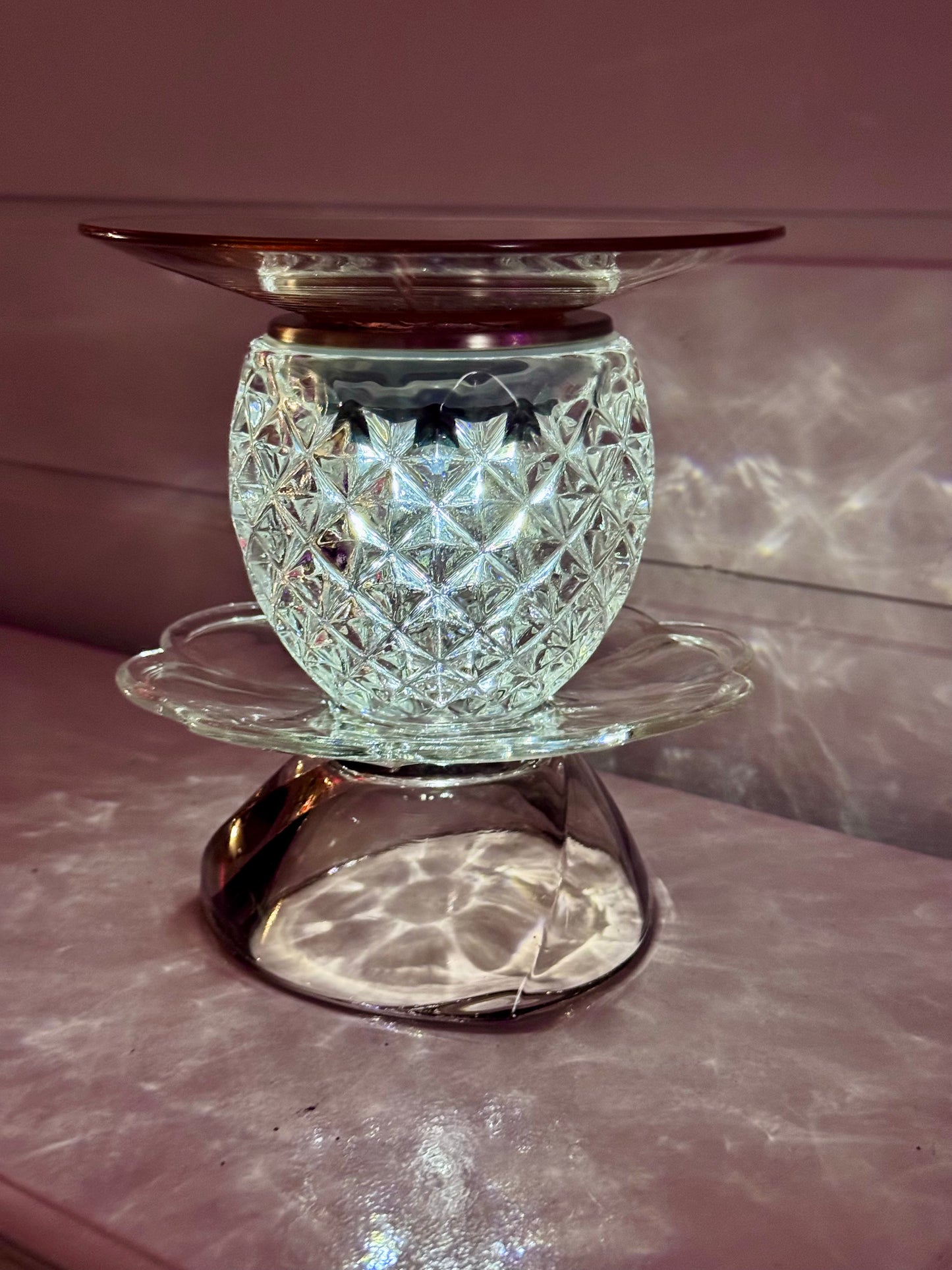 Vintage solcellelampe lilla og rosa glassfat