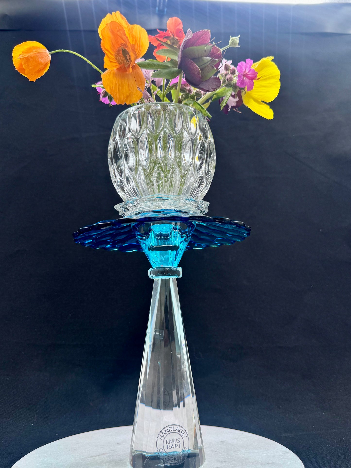 Stor vintage solcellelampe krystallfot med blå krave og glassfat